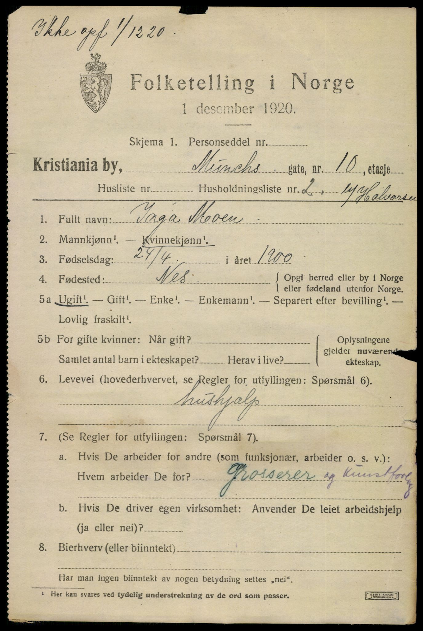 SAO, 1920 census for Kristiania, 1920, p. 400419