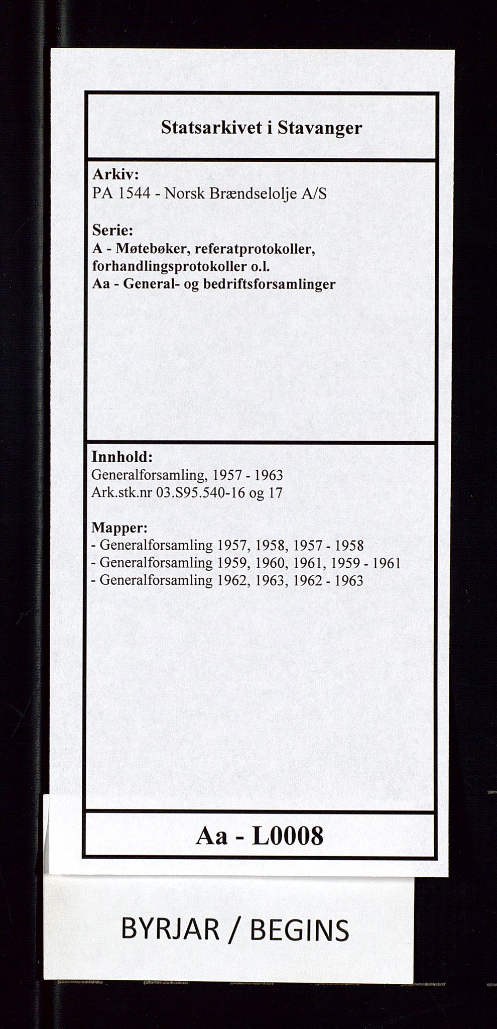 PA 1544 - Norsk Brændselolje A/S, AV/SAST-A-101965/1/A/Aa/L0008/0002: Generalforsamling / Generalforsamling 1959, 1960, 1961, 1959-1961, p. 1