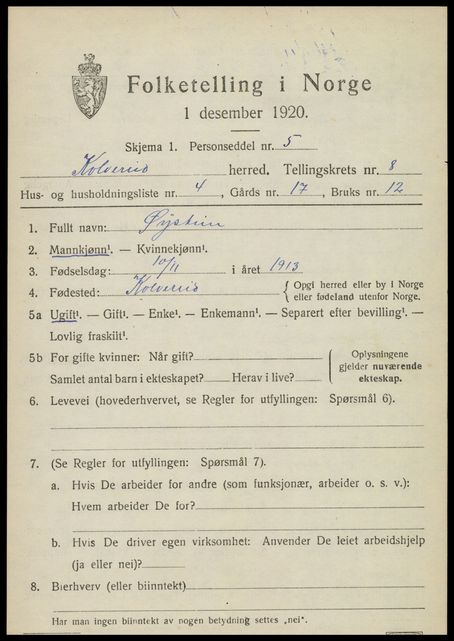 SAT, 1920 census for Kolvereid, 1920, p. 5125