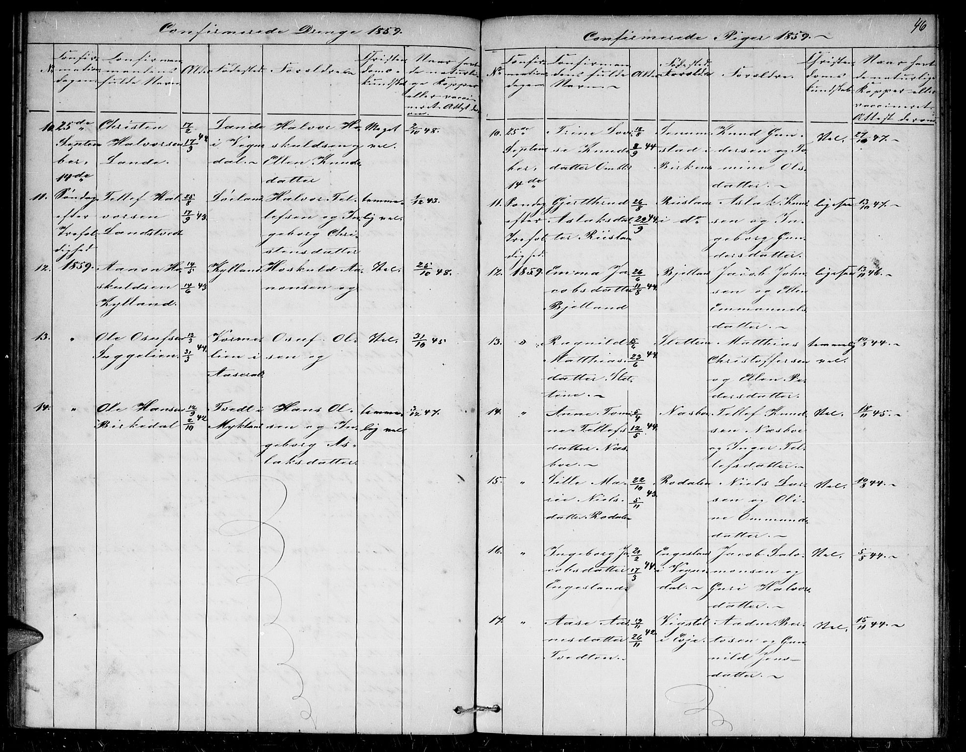 Herefoss sokneprestkontor, SAK/1111-0019/F/Fb/Fba/L0001: Parish register (copy) no. B 1, 1851-1868, p. 46