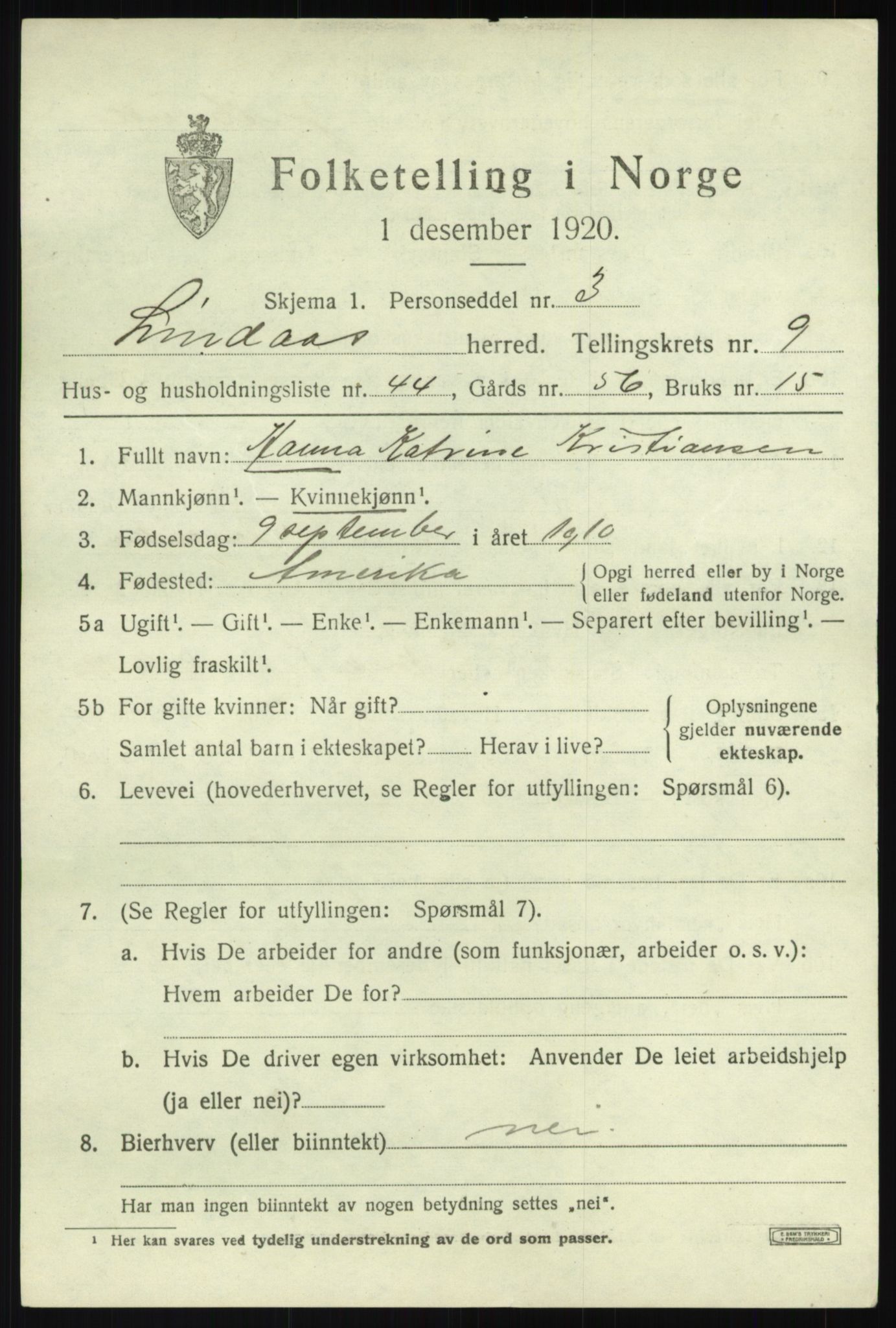 SAB, 1920 census for Lindås, 1920, p. 5327