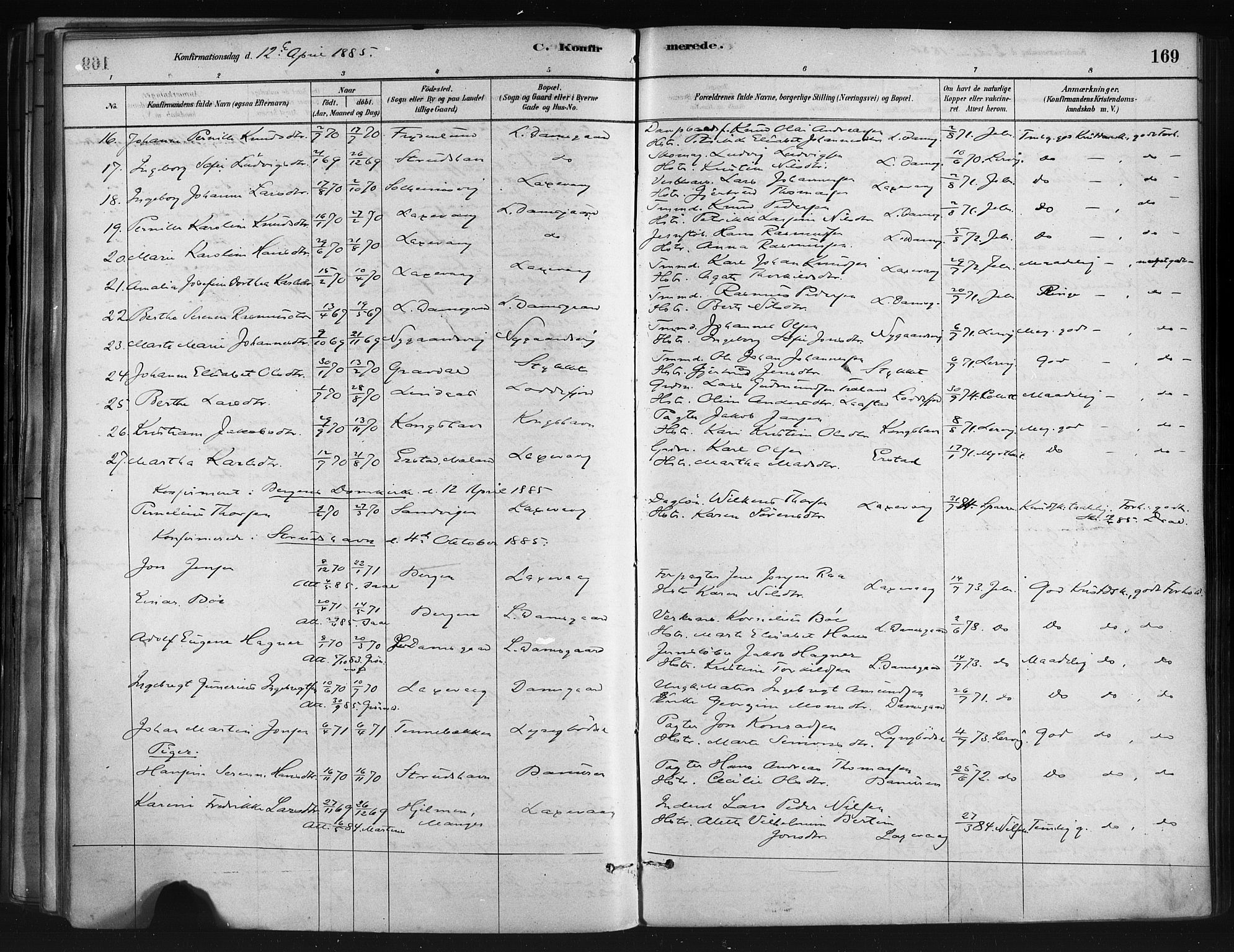 Askøy Sokneprestembete, SAB/A-74101/H/Ha/Haa/Haae/L0002: Parish register (official) no. E 2, 1878-1891, p. 169