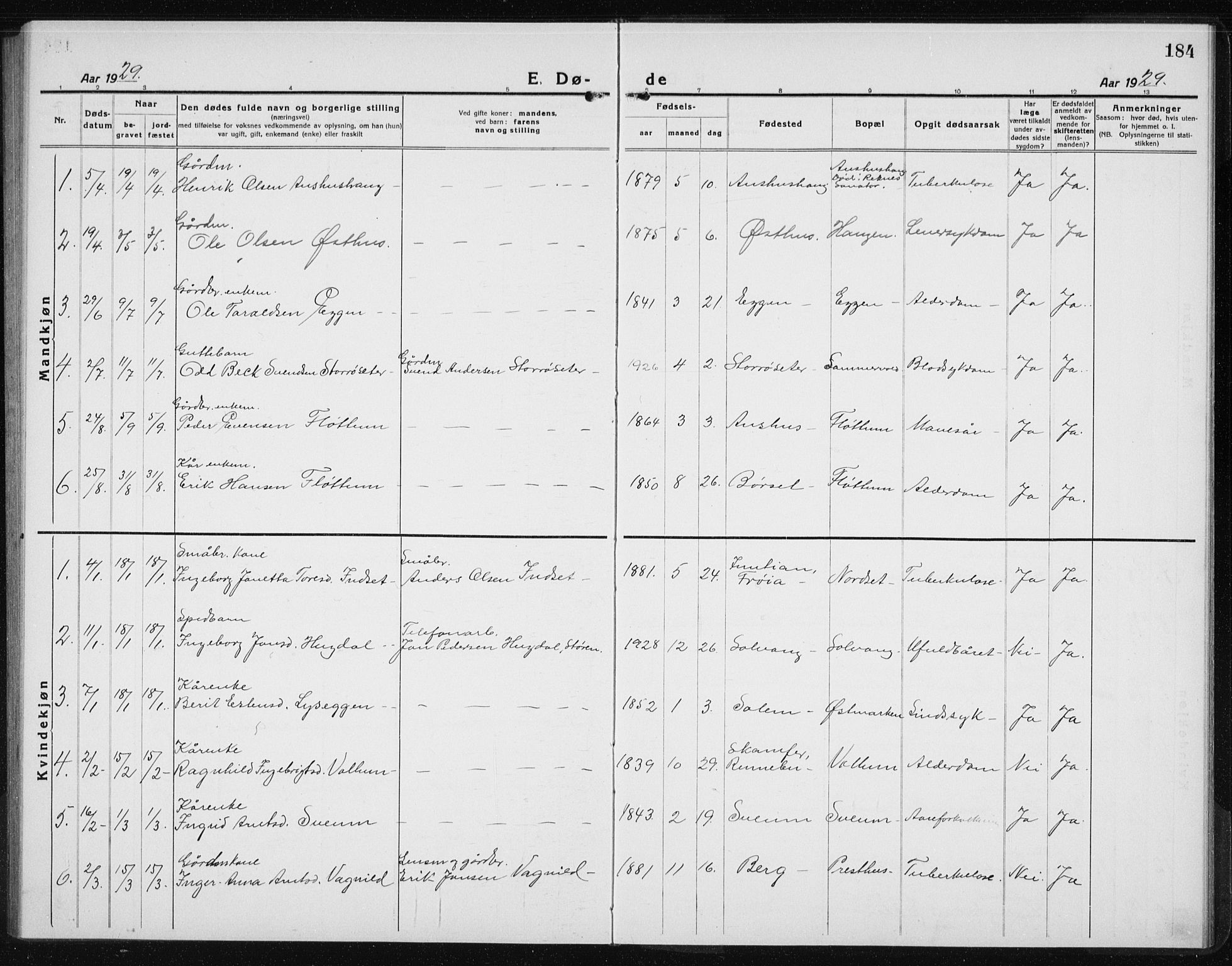 Ministerialprotokoller, klokkerbøker og fødselsregistre - Sør-Trøndelag, SAT/A-1456/689/L1045: Parish register (copy) no. 689C04, 1923-1940, p. 184