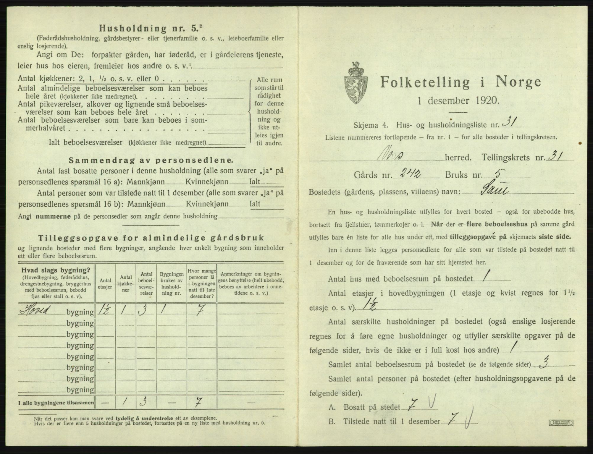 SAB, 1920 census for Voss, 1920, p. 2747