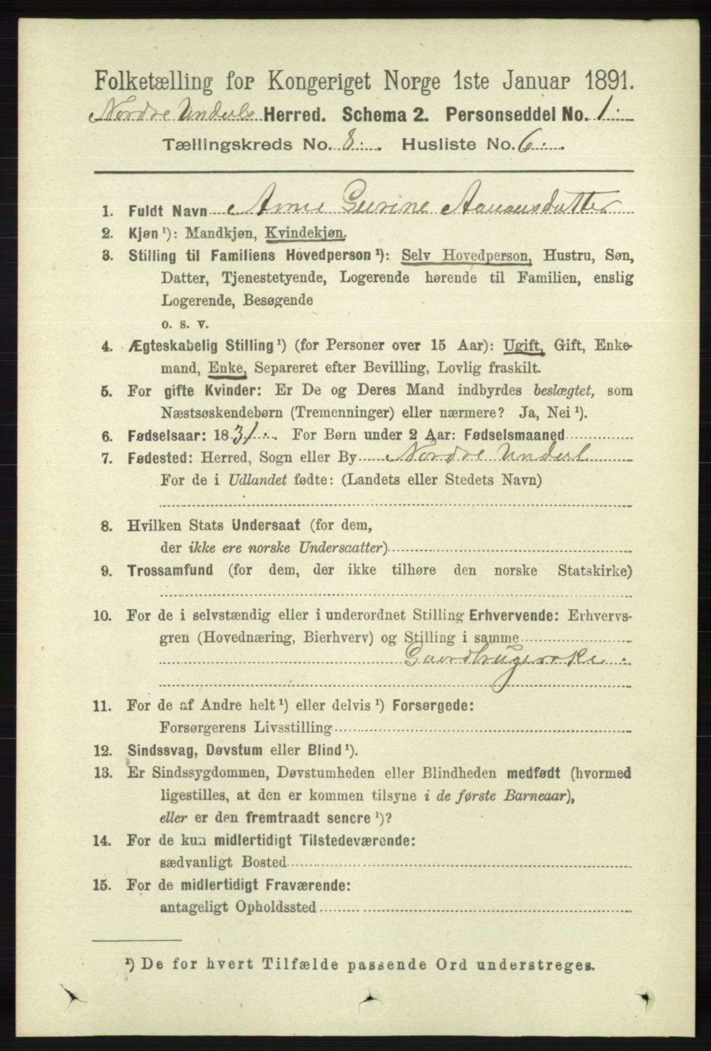 RA, 1891 census for 1028 Nord-Audnedal, 1891, p. 2154