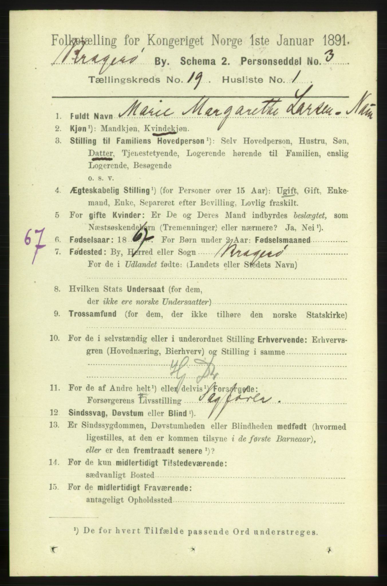 RA, 1891 census for 0801 Kragerø, 1891, p. 4523