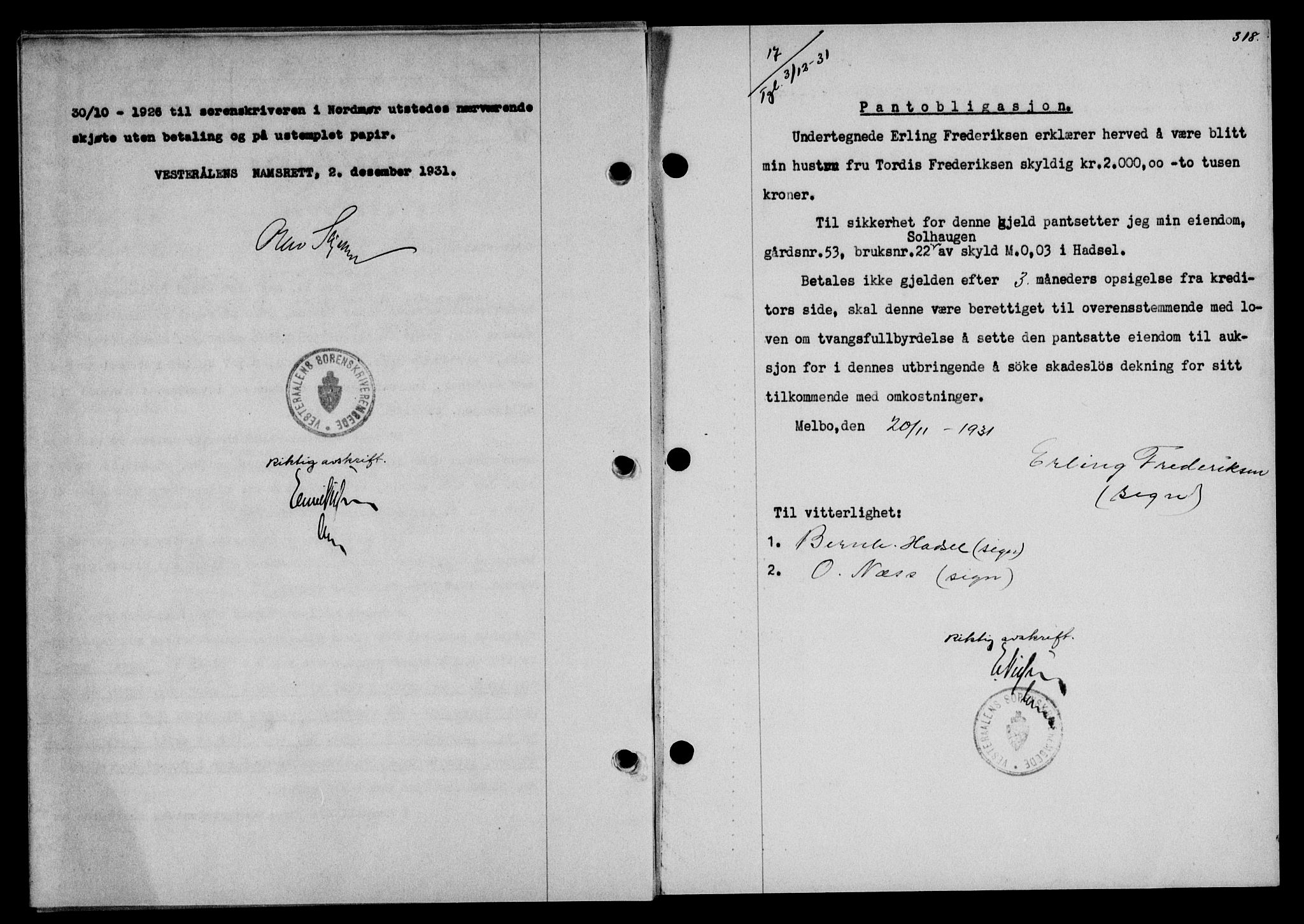 Vesterålen sorenskriveri, SAT/A-4180/1/2/2Ca/L0054: Mortgage book no. 47, 1931-1932, Deed date: 03.12.1931