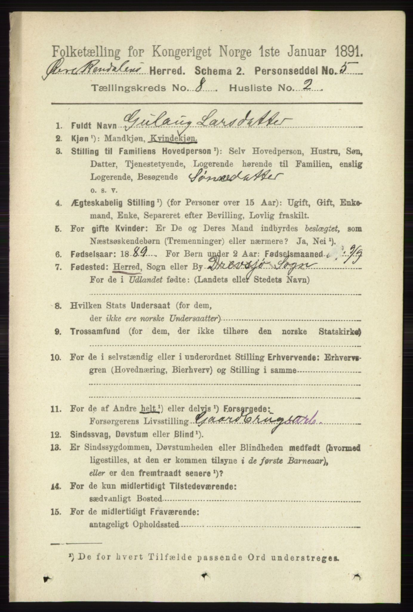 RA, 1891 census for 0433 Øvre Rendal, 1891, p. 2004