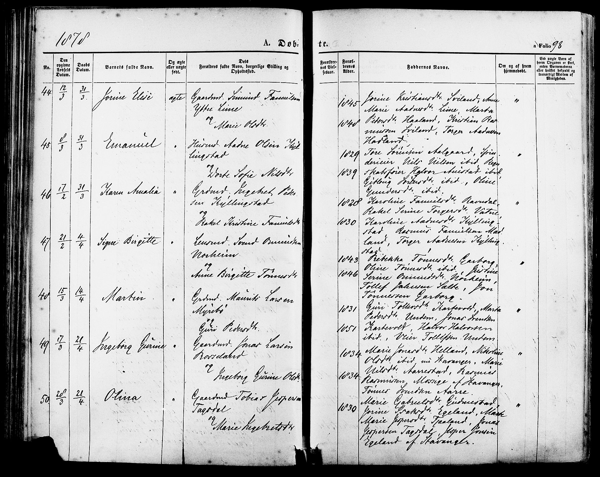 Lye sokneprestkontor, SAST/A-101794/001/30BA/L0008: Parish register (official) no. A 7, 1872-1881, p. 98