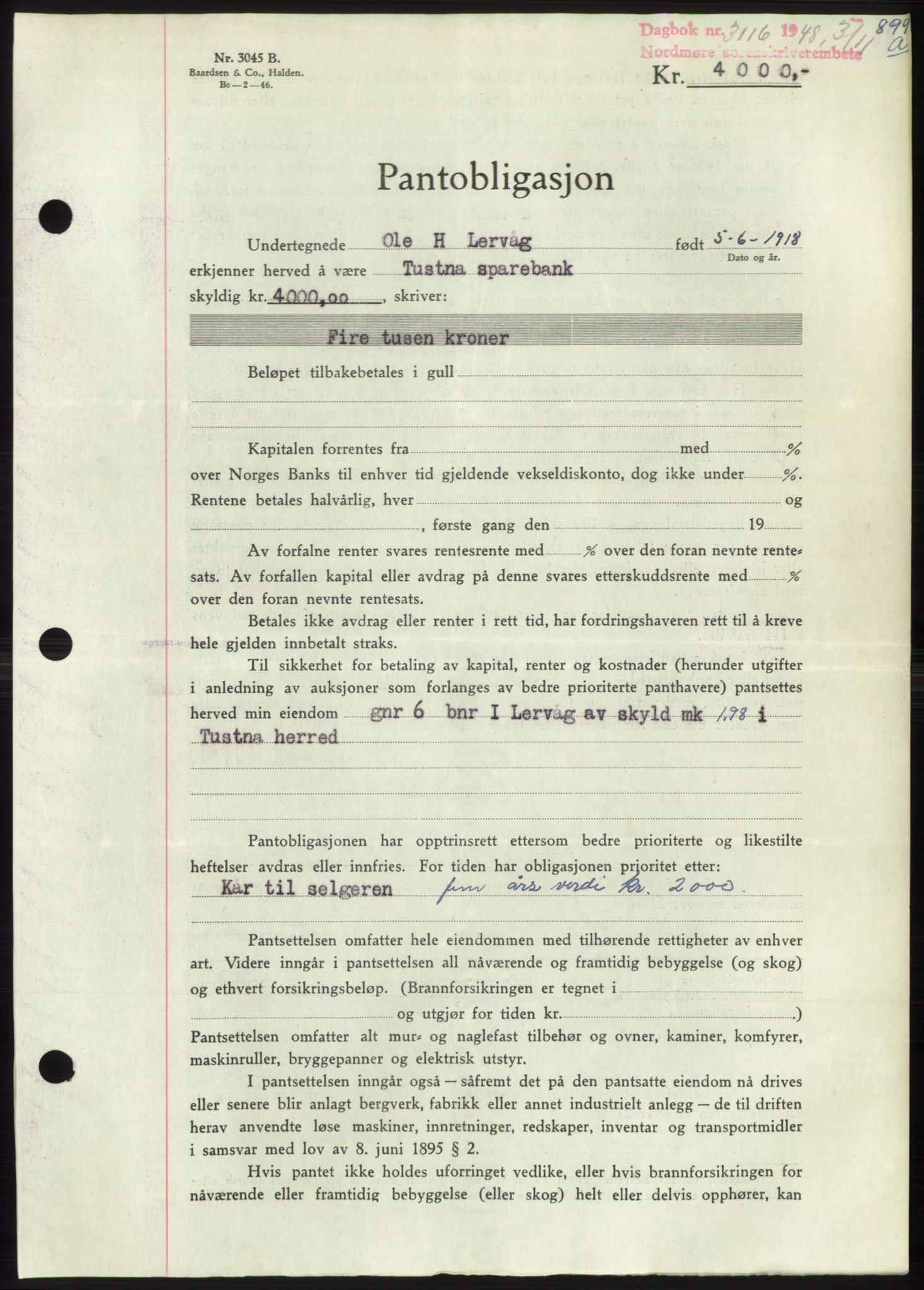 Nordmøre sorenskriveri, AV/SAT-A-4132/1/2/2Ca: Mortgage book no. B99, 1948-1948, Diary no: : 3116/1948