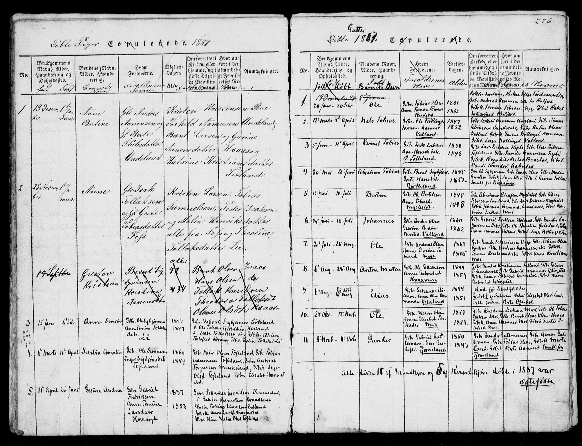 Lyngdal sokneprestkontor, AV/SAK-1111-0029/F/Fb/Fbb/L0001: Parish register (copy) no. B 1, 1816-1900, p. 226