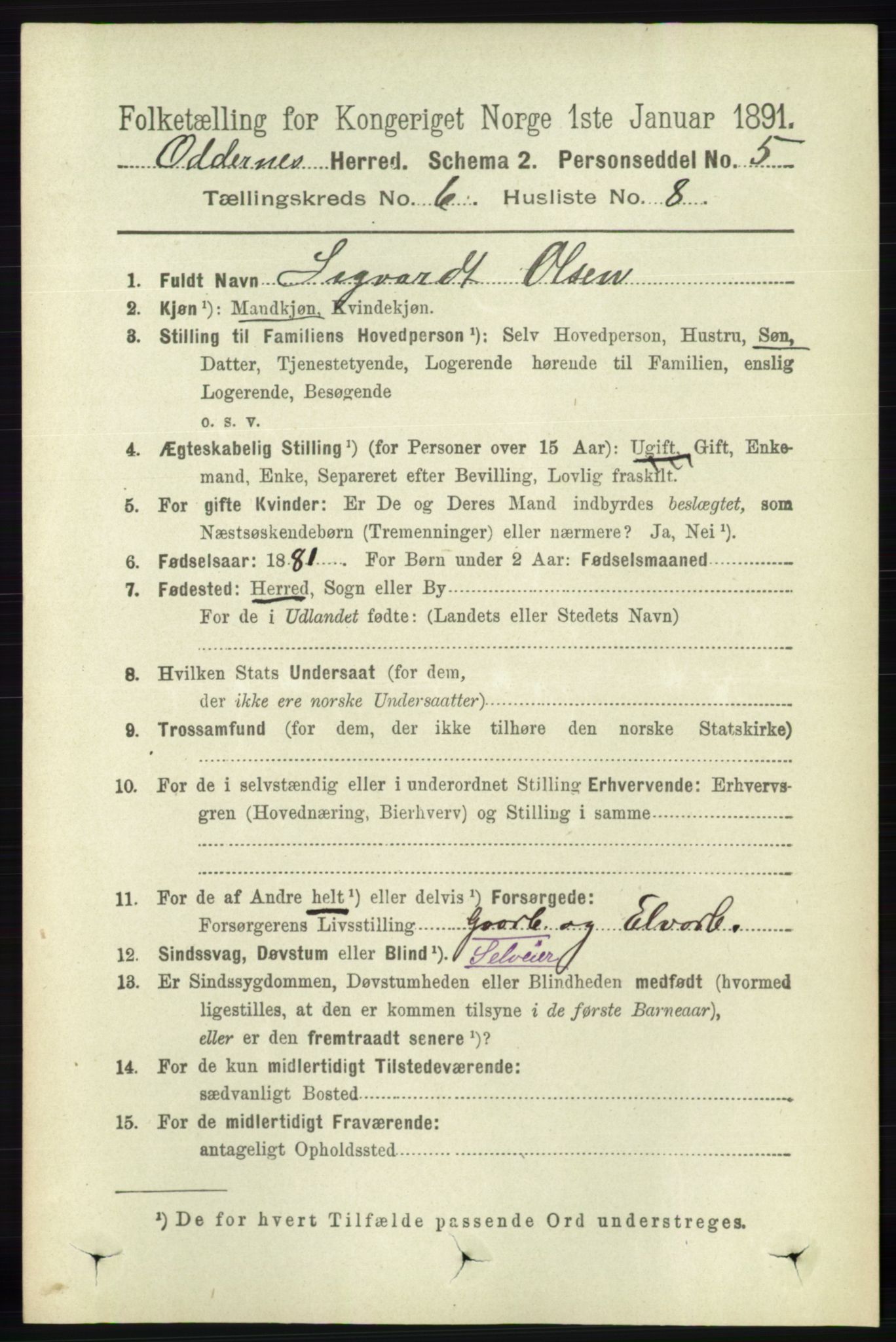 RA, 1891 census for 1012 Oddernes, 1891, p. 2239