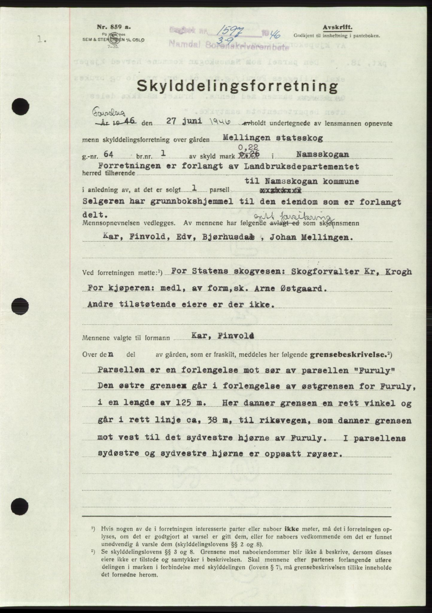 Namdal sorenskriveri, AV/SAT-A-4133/1/2/2C: Mortgage book no. -, 1946-1947, Diary no: : 1597/1946