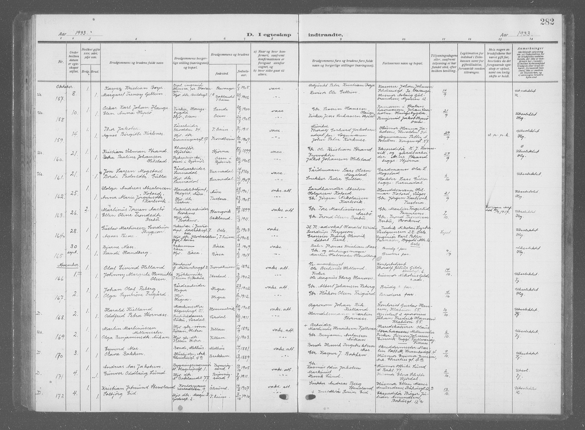 Ministerialprotokoller, klokkerbøker og fødselsregistre - Sør-Trøndelag, AV/SAT-A-1456/601/L0098: Parish register (copy) no. 601C16, 1921-1934, p. 282