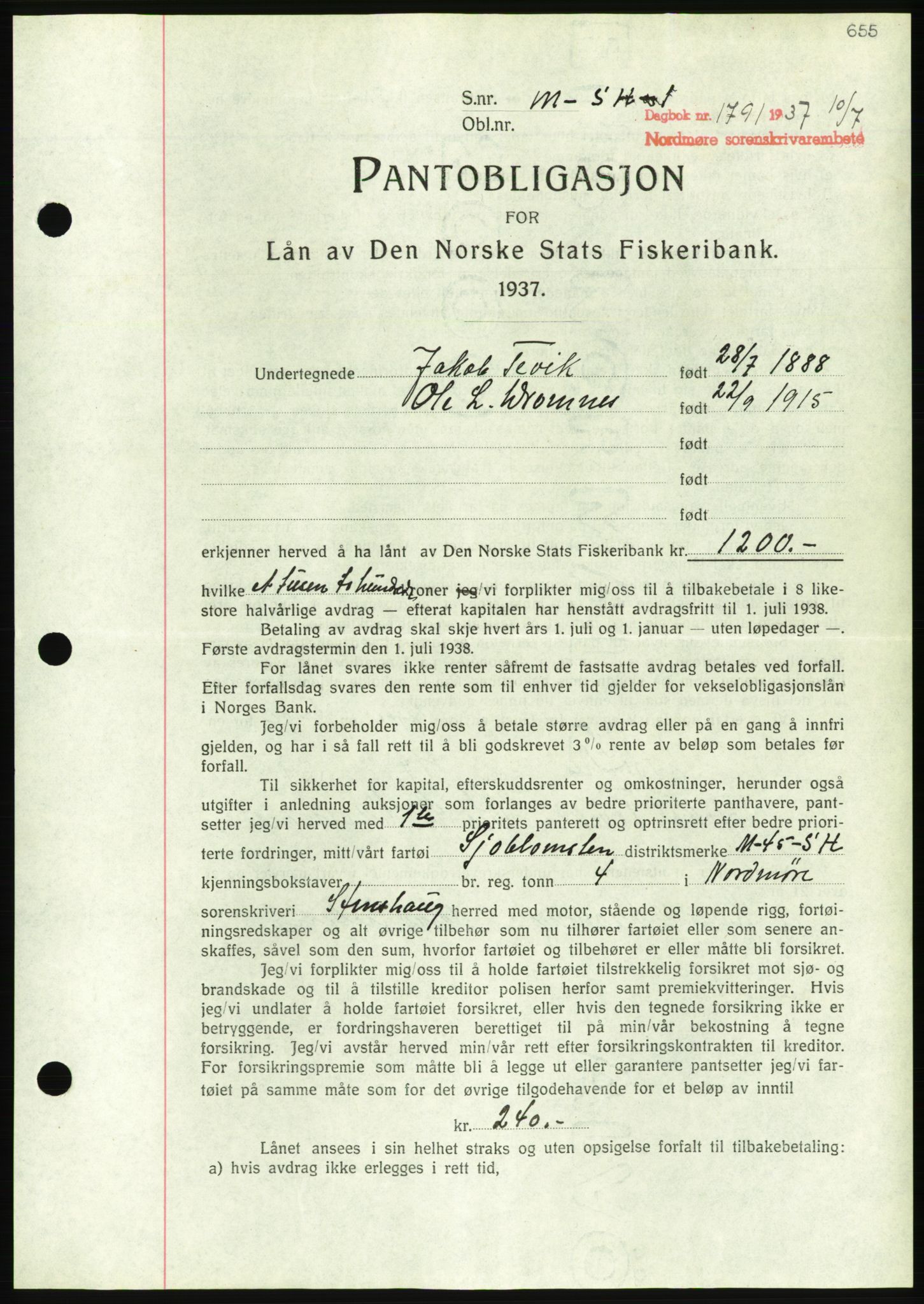 Nordmøre sorenskriveri, AV/SAT-A-4132/1/2/2Ca/L0091: Mortgage book no. B81, 1937-1937, Diary no: : 1791/1937