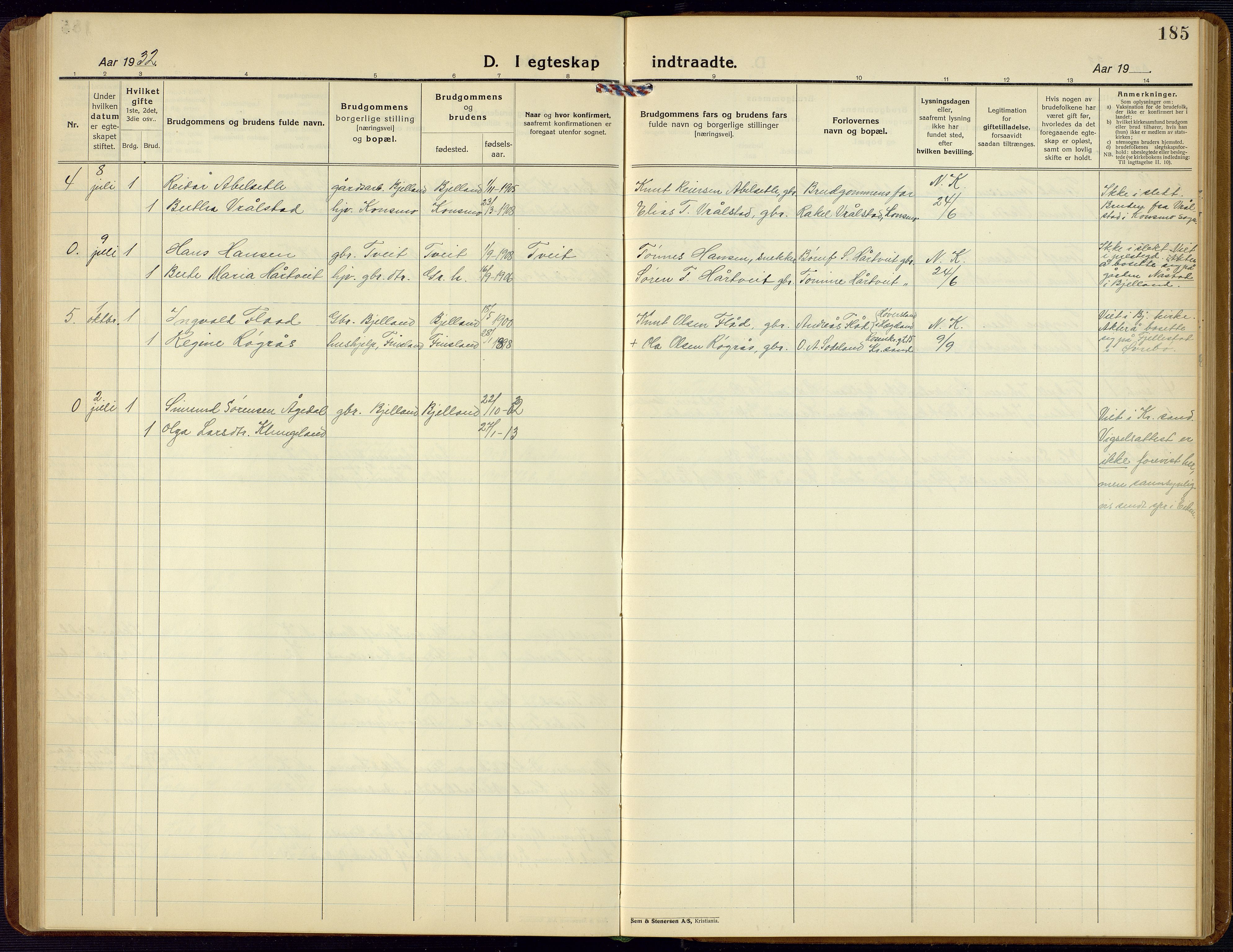 Bjelland sokneprestkontor, SAK/1111-0005/F/Fb/Fba/L0006: Parish register (copy) no. B 6, 1923-1956, p. 185