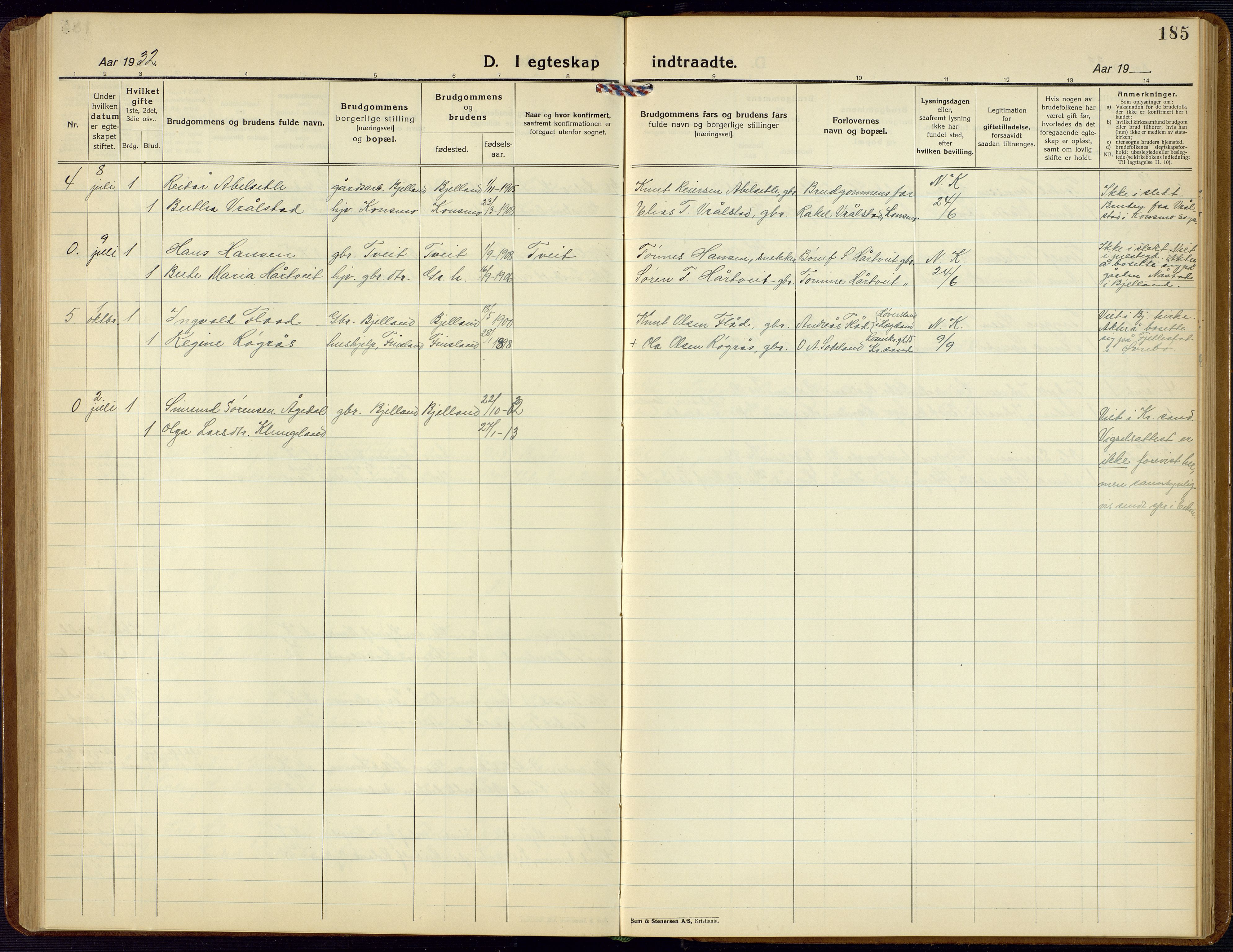 Bjelland sokneprestkontor, AV/SAK-1111-0005/F/Fb/Fba/L0006: Parish register (copy) no. B 6, 1923-1956, p. 185