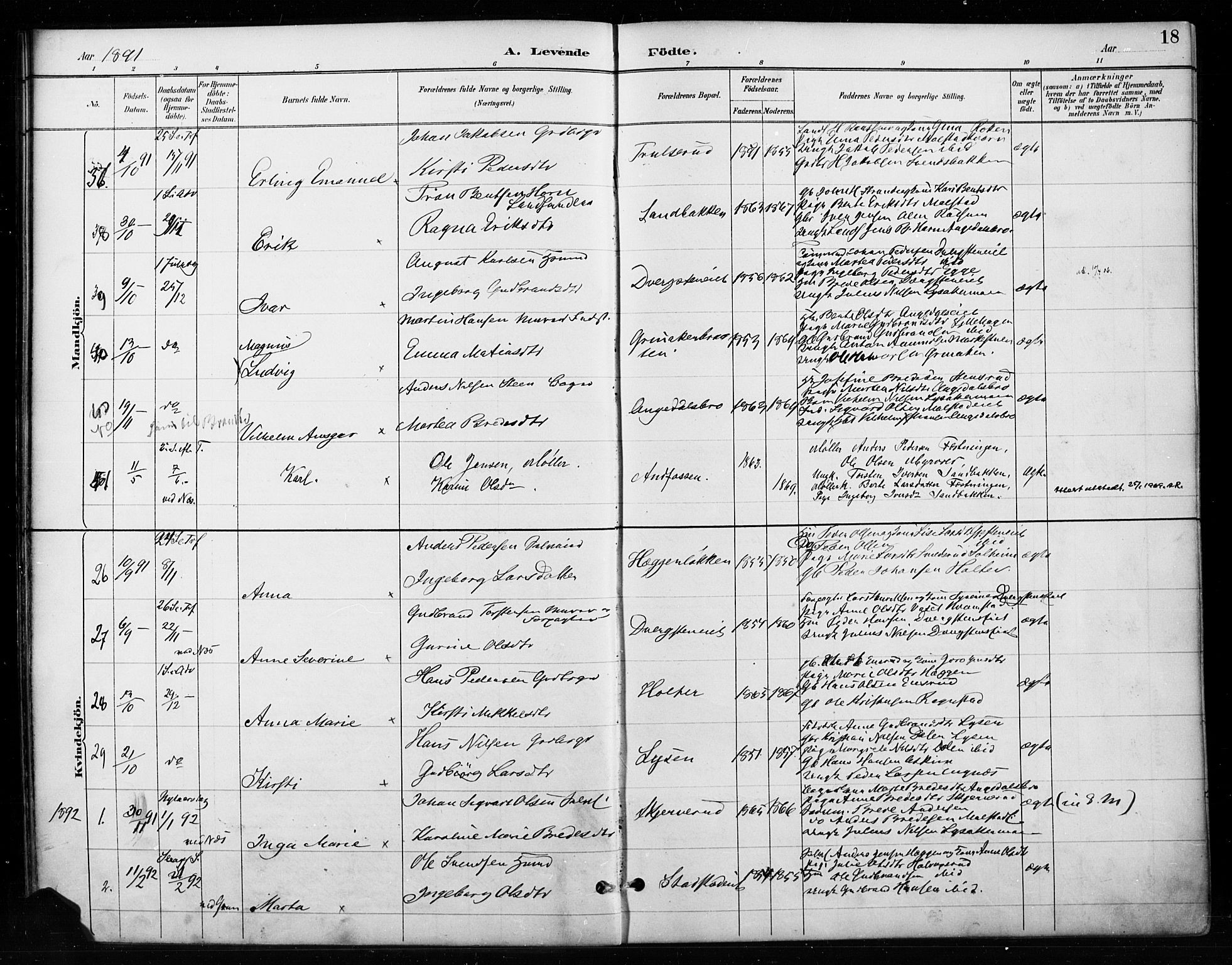 Gran prestekontor, SAH/PREST-112/H/Ha/Haa/L0018: Parish register (official) no. 18, 1889-1899, p. 18