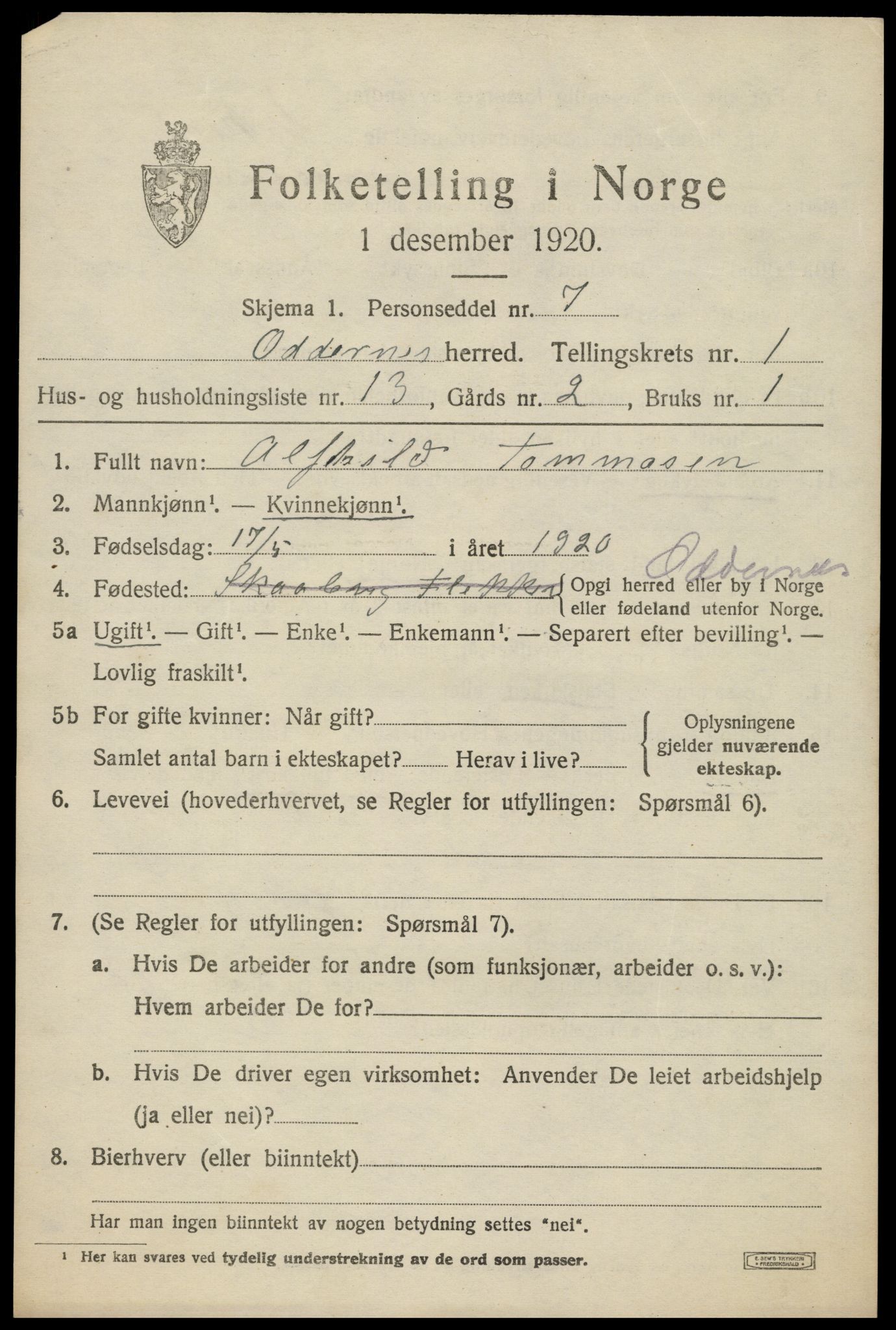 SAK, 1920 census for Oddernes, 1920, p. 2173