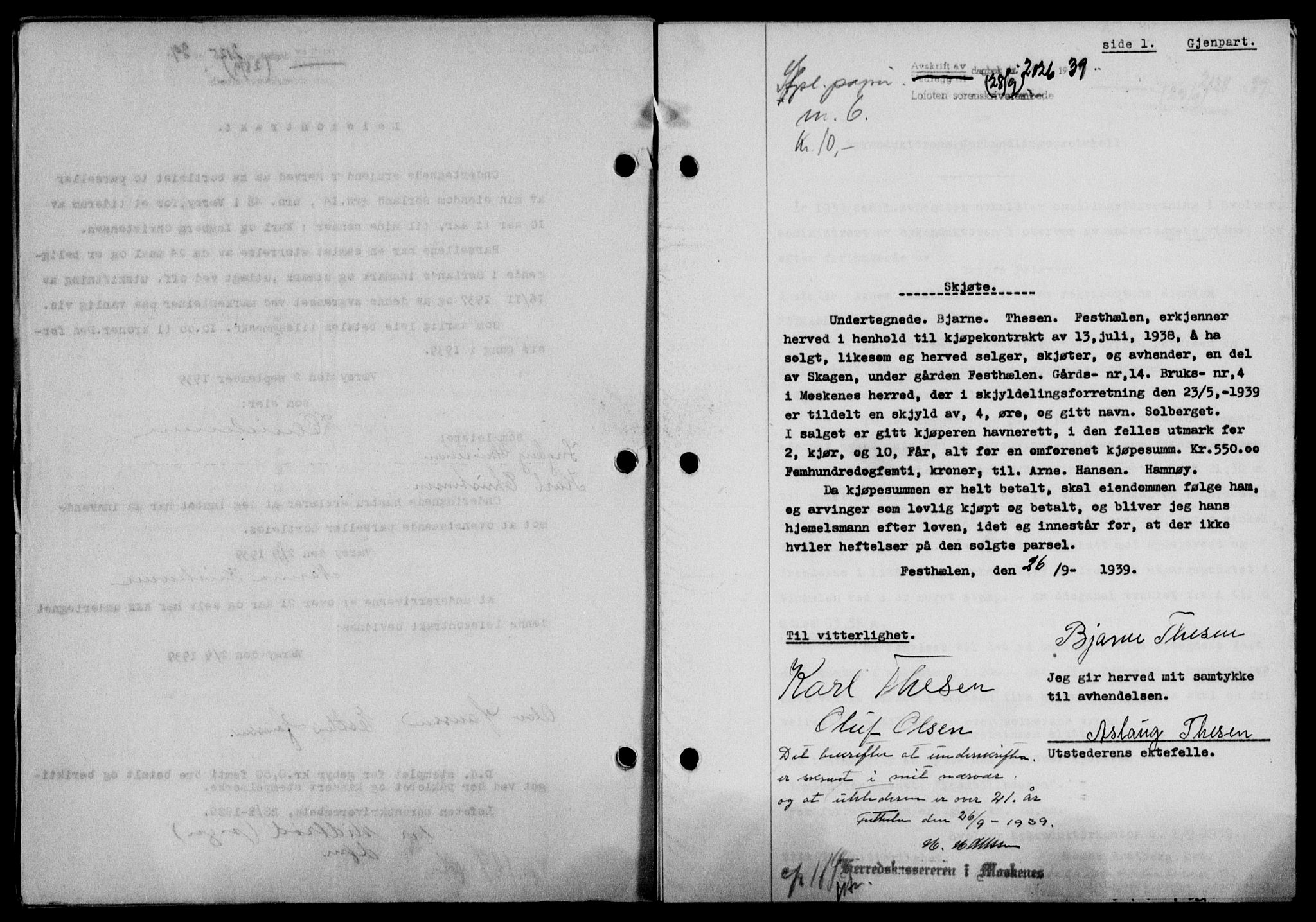 Lofoten sorenskriveri, SAT/A-0017/1/2/2C/L0006a: Mortgage book no. 6a, 1939-1939, Diary no: : 2126/1939
