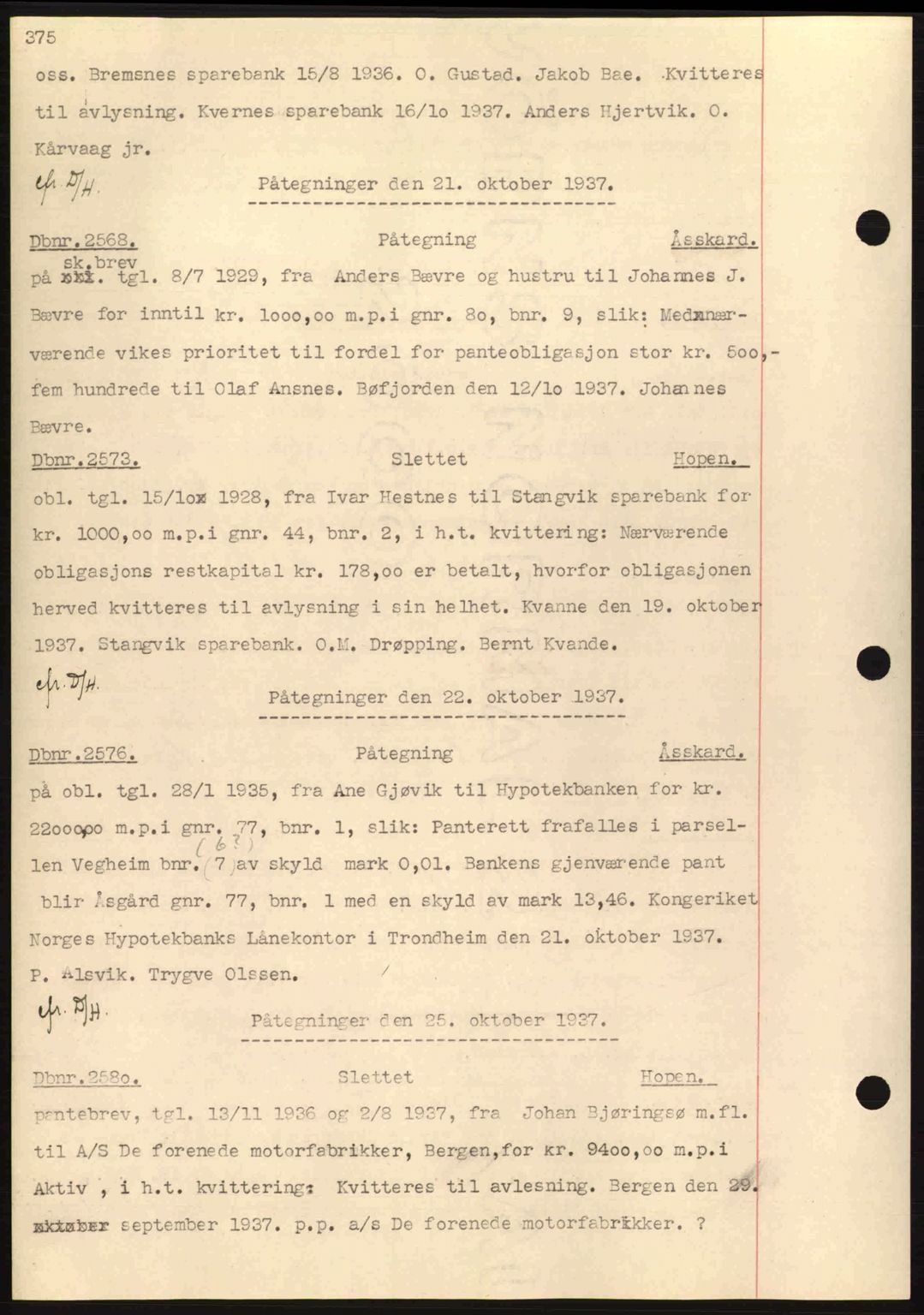 Nordmøre sorenskriveri, AV/SAT-A-4132/1/2/2Ca: Mortgage book no. C80, 1936-1939, Diary no: : 2568/1937