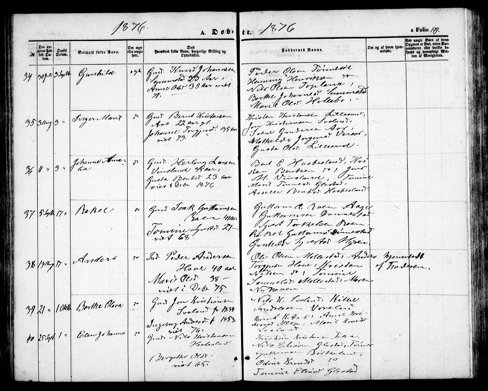 Birkenes sokneprestkontor, AV/SAK-1111-0004/F/Fb/L0002: Parish register (copy) no. B 2, 1849-1876, p. 179