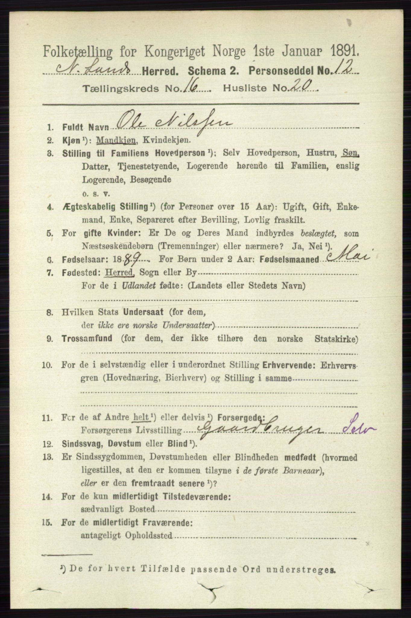 RA, 1891 census for 0538 Nordre Land, 1891, p. 4252