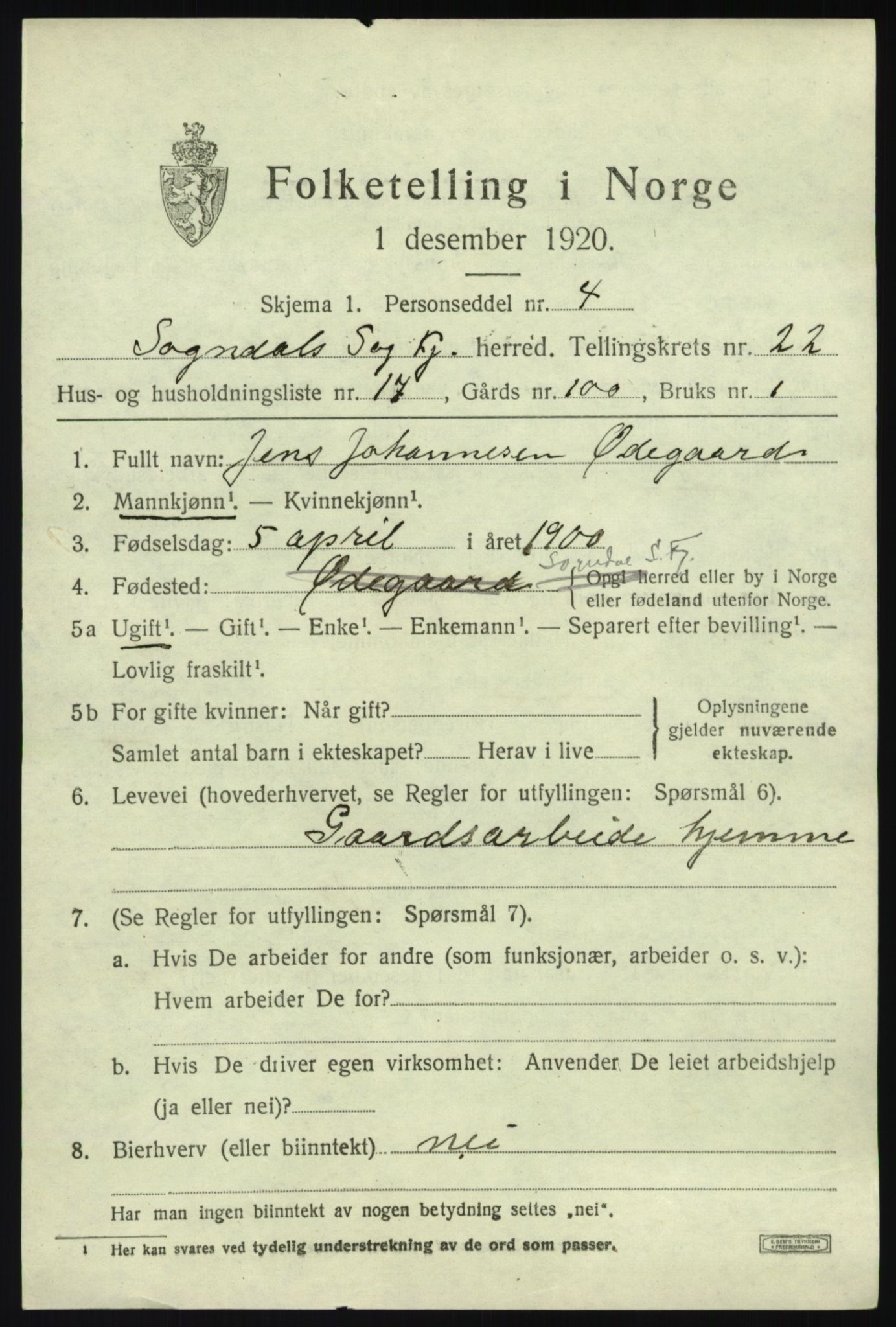 SAB, 1920 census for Sogndal, 1920, p. 8111