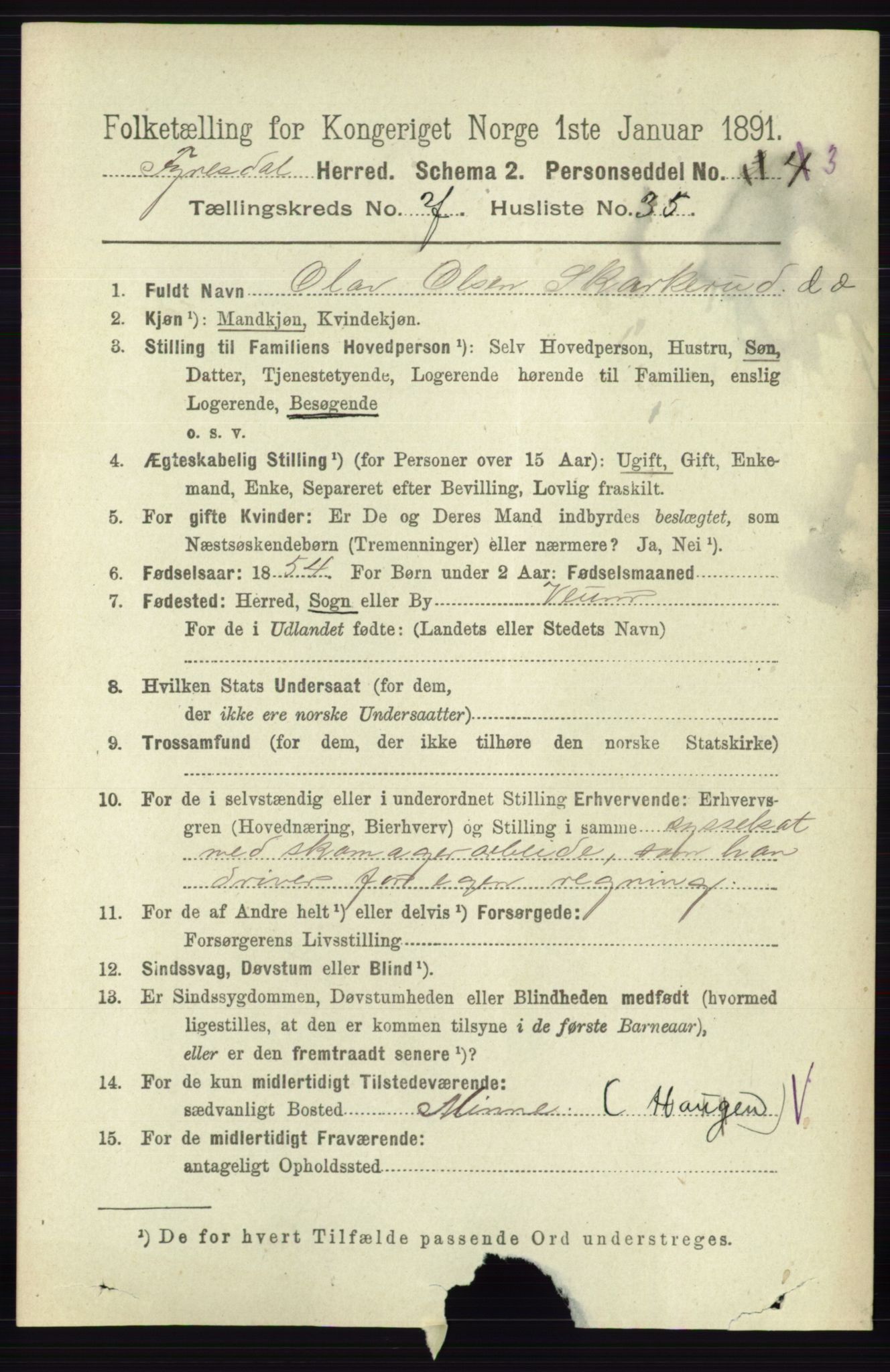 RA, 1891 census for 0831 Fyresdal, 1891, p. 2130