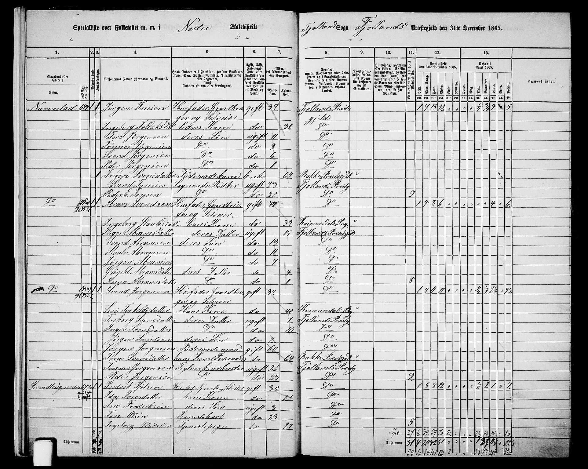 RA, 1865 census for Fjotland, 1865, p. 12