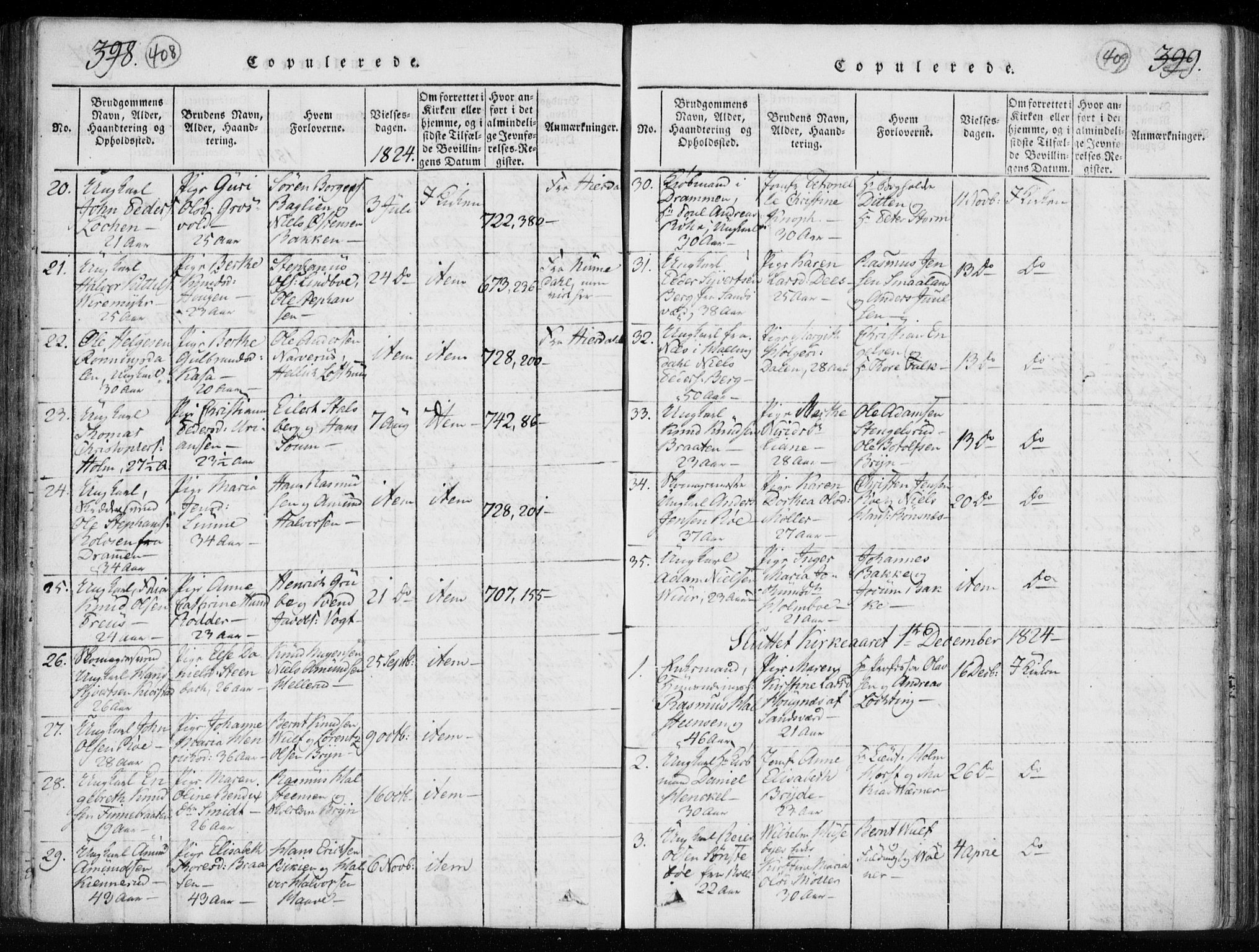 Kongsberg kirkebøker, SAKO/A-22/F/Fa/L0008: Parish register (official) no. I 8, 1816-1839, p. 408-409