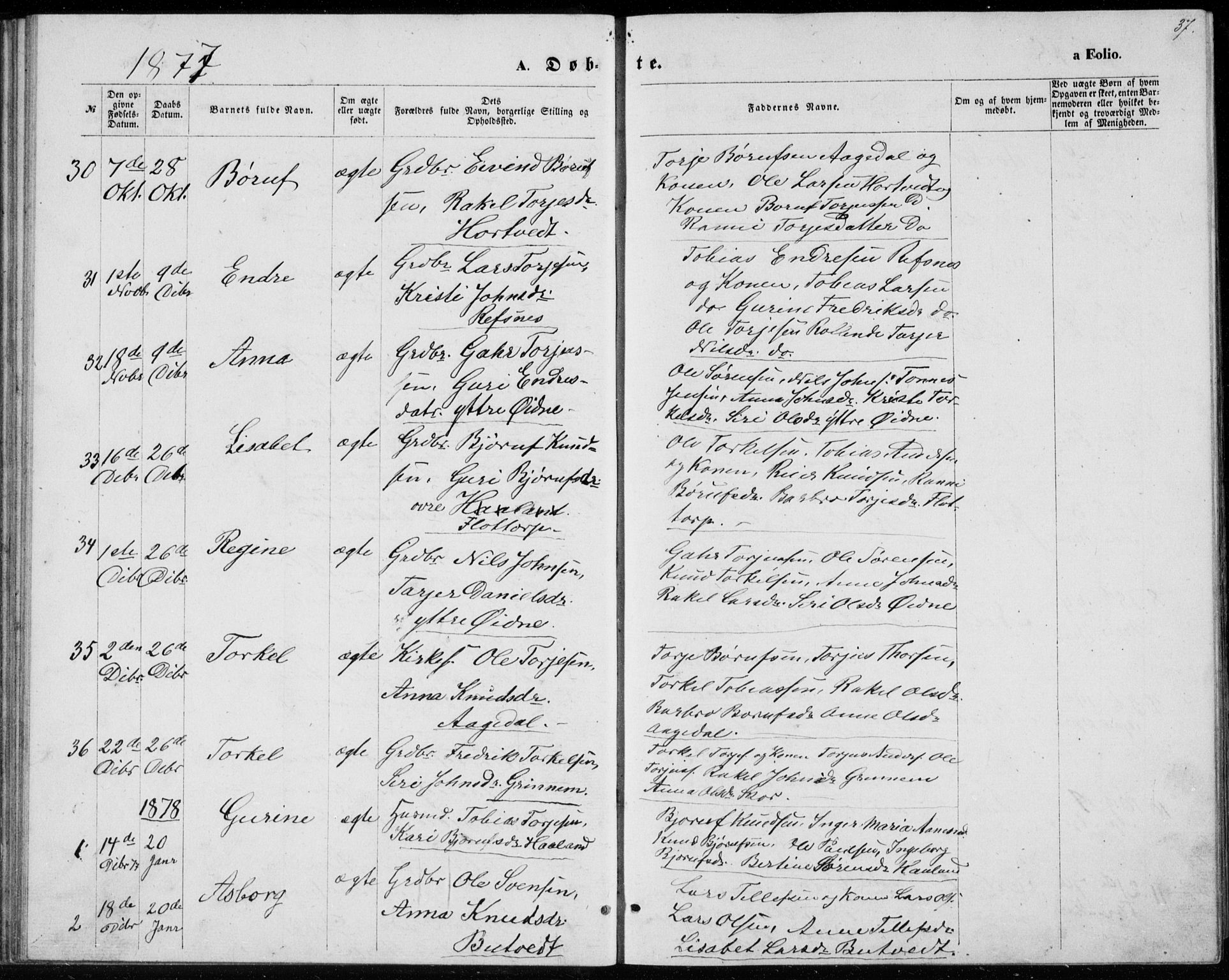 Bjelland sokneprestkontor, SAK/1111-0005/F/Fb/Fbc/L0002: Parish register (copy) no. B 2, 1867-1887, p. 37