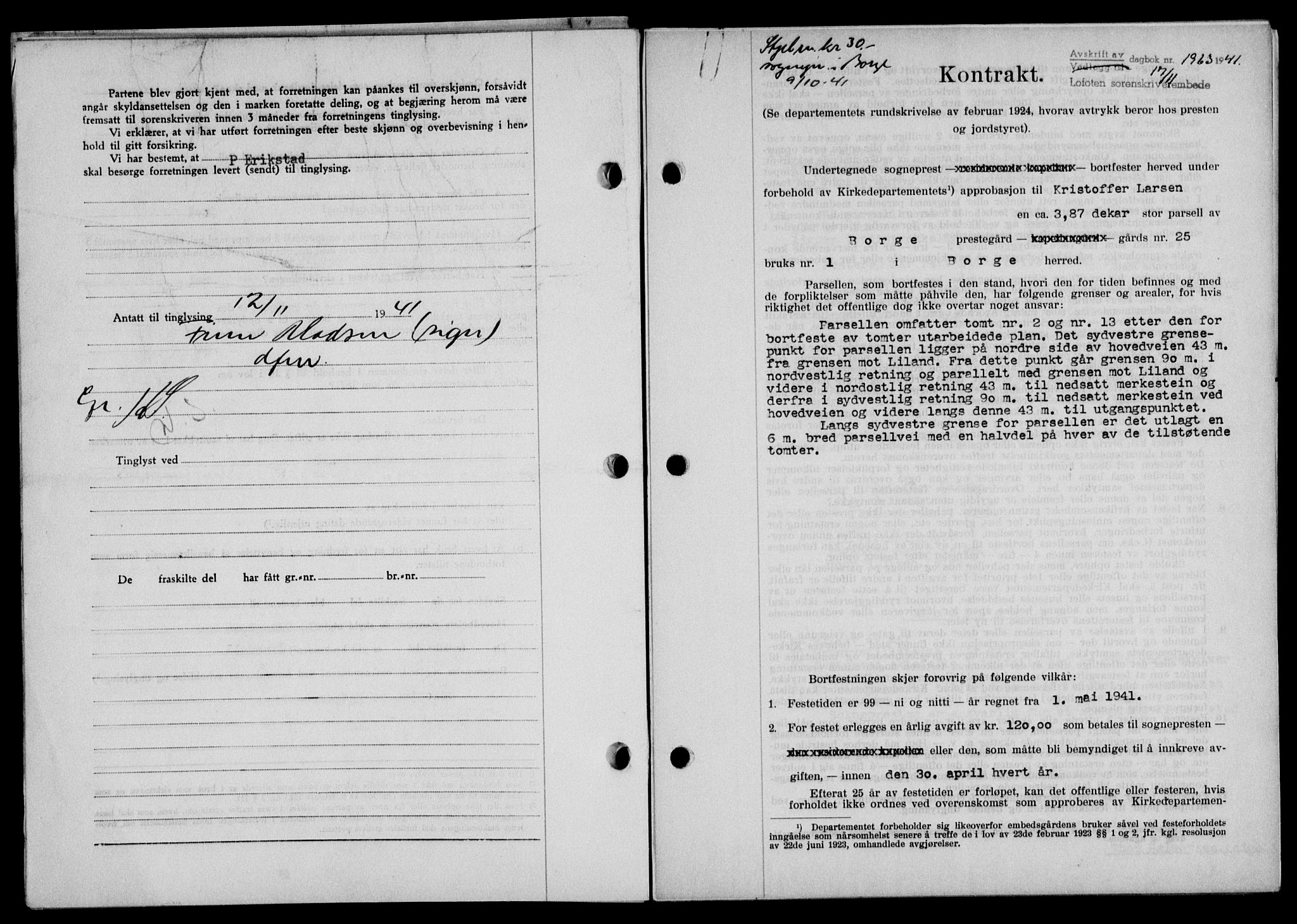 Lofoten sorenskriveri, SAT/A-0017/1/2/2C/L0009a: Mortgage book no. 9a, 1941-1942, Diary no: : 1963/1941