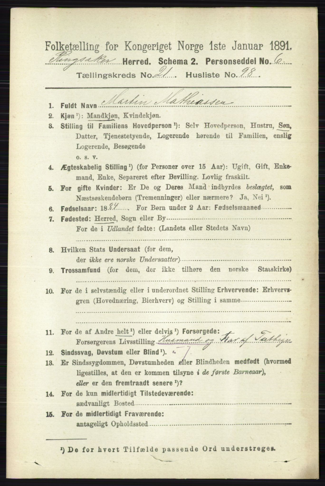 RA, 1891 census for 0412 Ringsaker, 1891, p. 12311