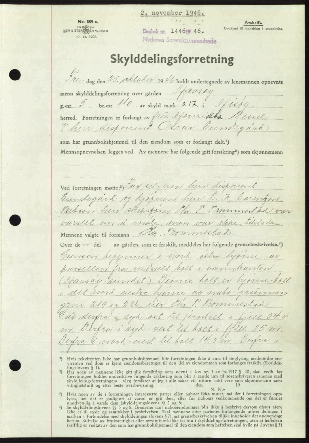 Nedenes sorenskriveri, AV/SAK-1221-0006/G/Gb/Gba/L0056: Mortgage book no. A8, 1946-1947, Diary no: : 1446/1946