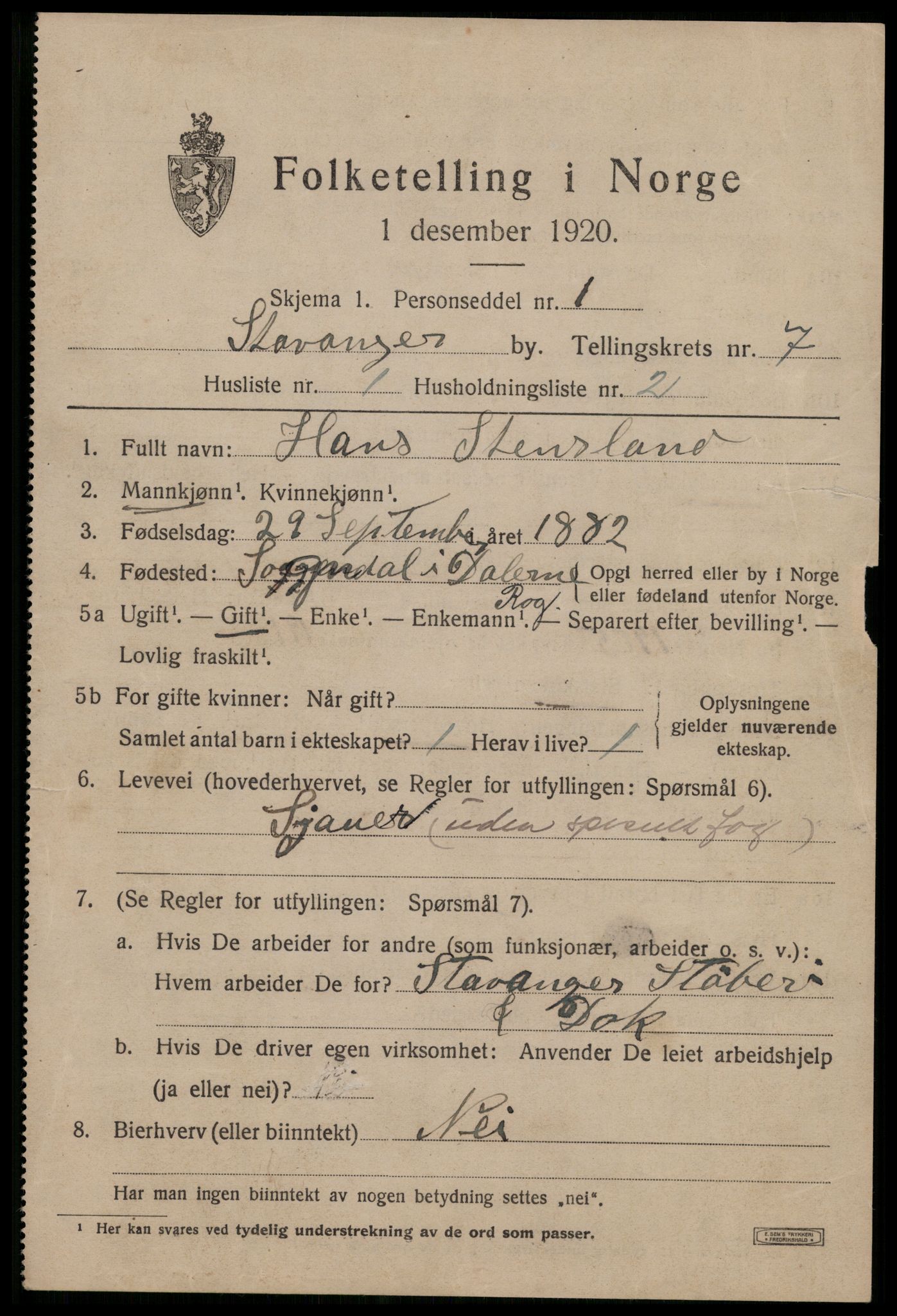 SAST, 1920 census for Stavanger, 1920, p. 44808