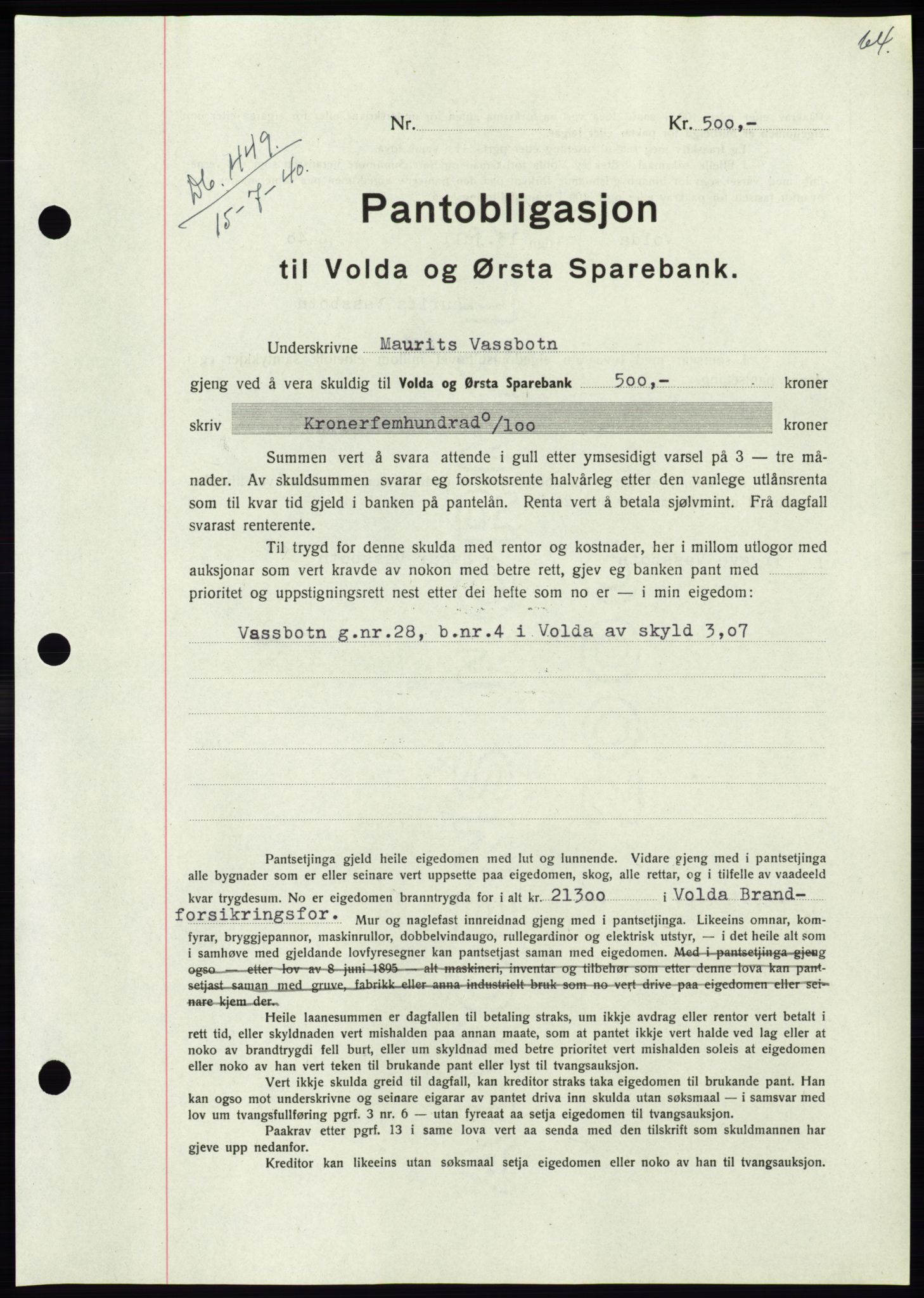 Søre Sunnmøre sorenskriveri, AV/SAT-A-4122/1/2/2C/L0070: Mortgage book no. 64, 1940-1941, Diary no: : 449/1940