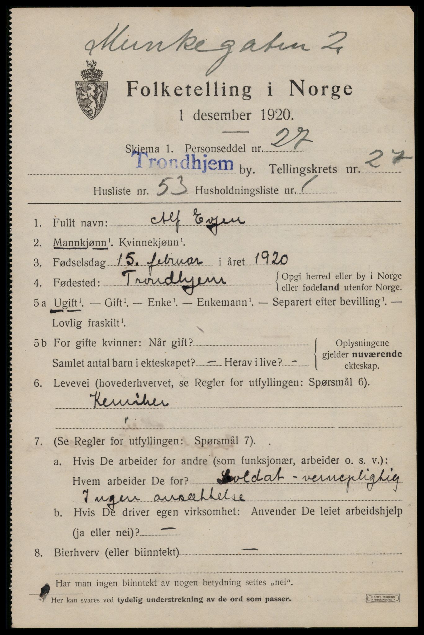 SAT, 1920 census for Trondheim, 1920, p. 69730