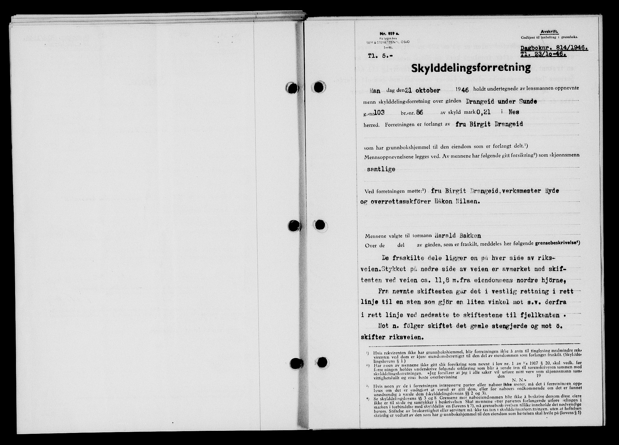 Flekkefjord sorenskriveri, SAK/1221-0001/G/Gb/Gba/L0061: Mortgage book no. A-9, 1946-1947, Diary no: : 814/1946