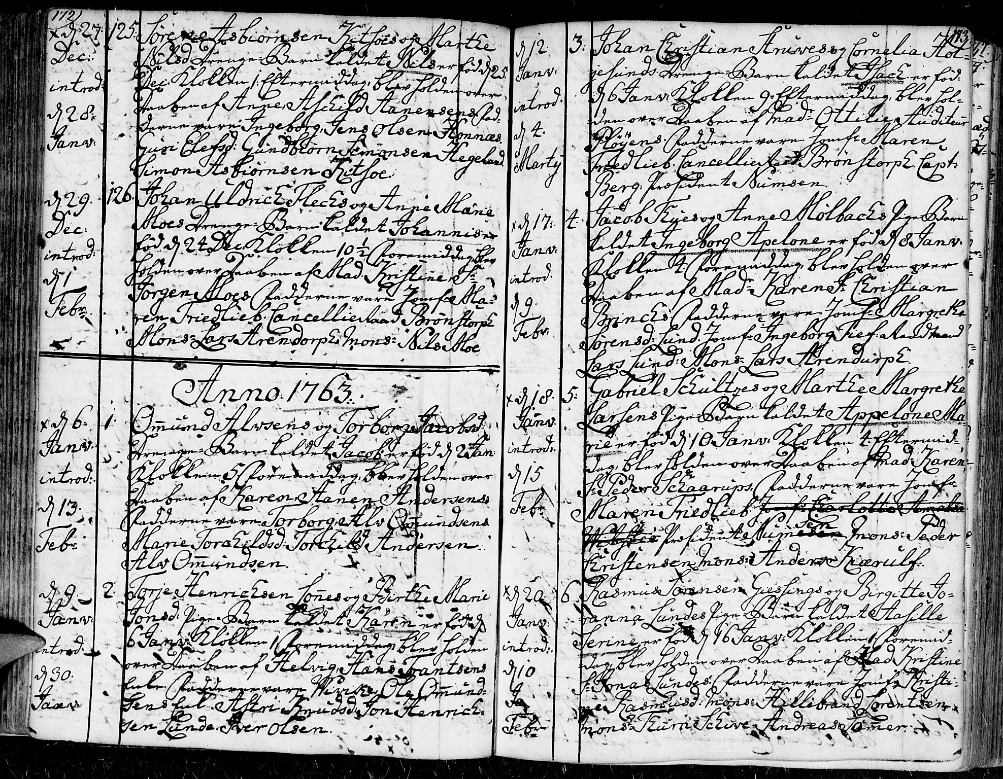Kristiansand domprosti, SAK/1112-0006/F/Fa/L0002: Parish register (official) no. A 2, 1755-1778, p. 172-173