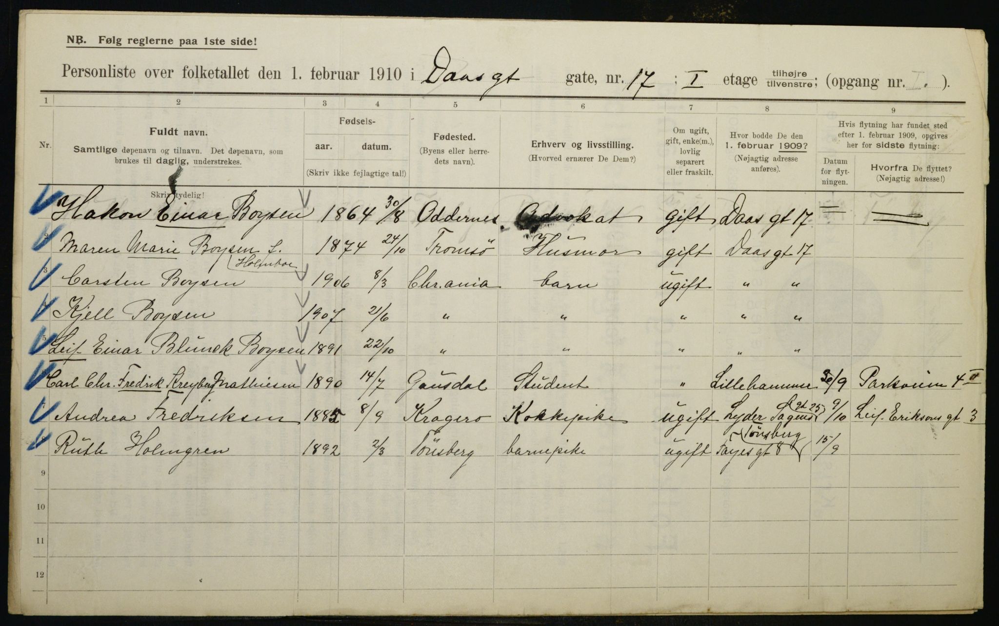 OBA, Municipal Census 1910 for Kristiania, 1910, p. 17105