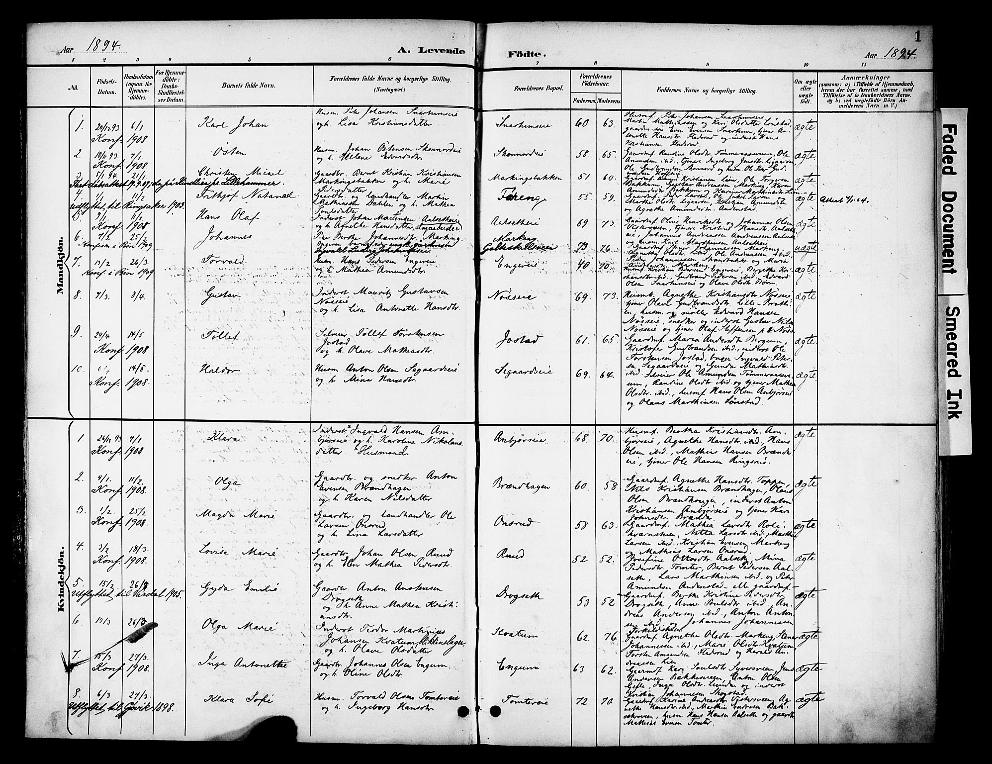 Biri prestekontor, SAH/PREST-096/H/Ha/Haa/L0008: Parish register (official) no. 8, 1894-1901, p. 1