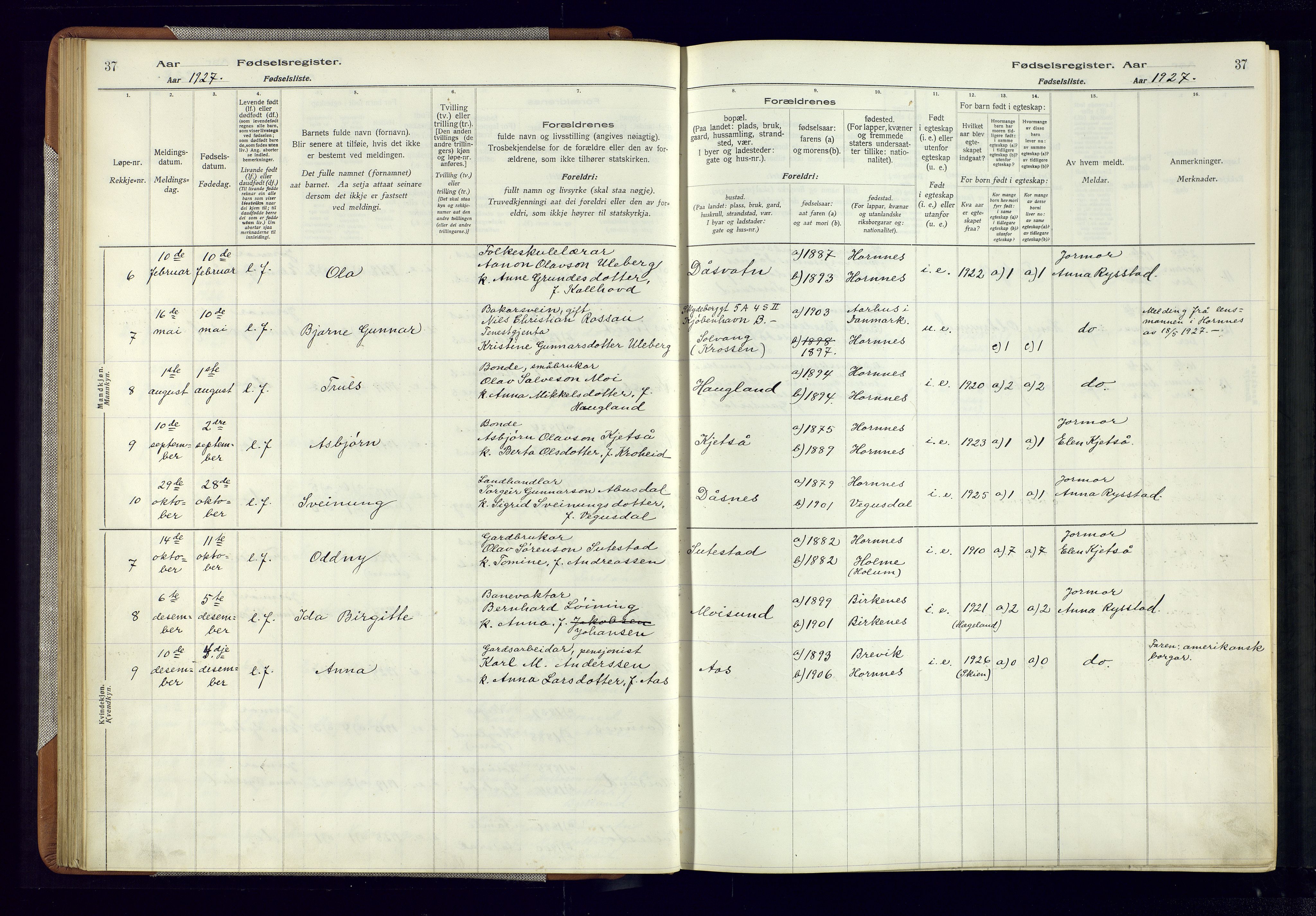 Evje sokneprestkontor, AV/SAK-1111-0008/J/Jc/L0006: Birth register no. 6, 1916-1982, p. 37