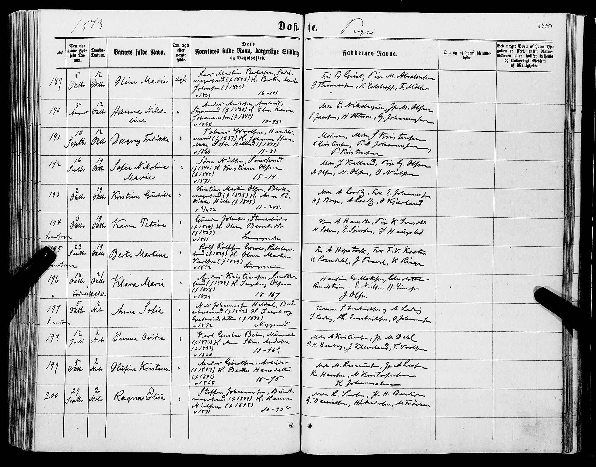 Domkirken sokneprestembete, AV/SAB-A-74801/H/Haa/L0022: Parish register (official) no. B 5, 1872-1878, p. 196