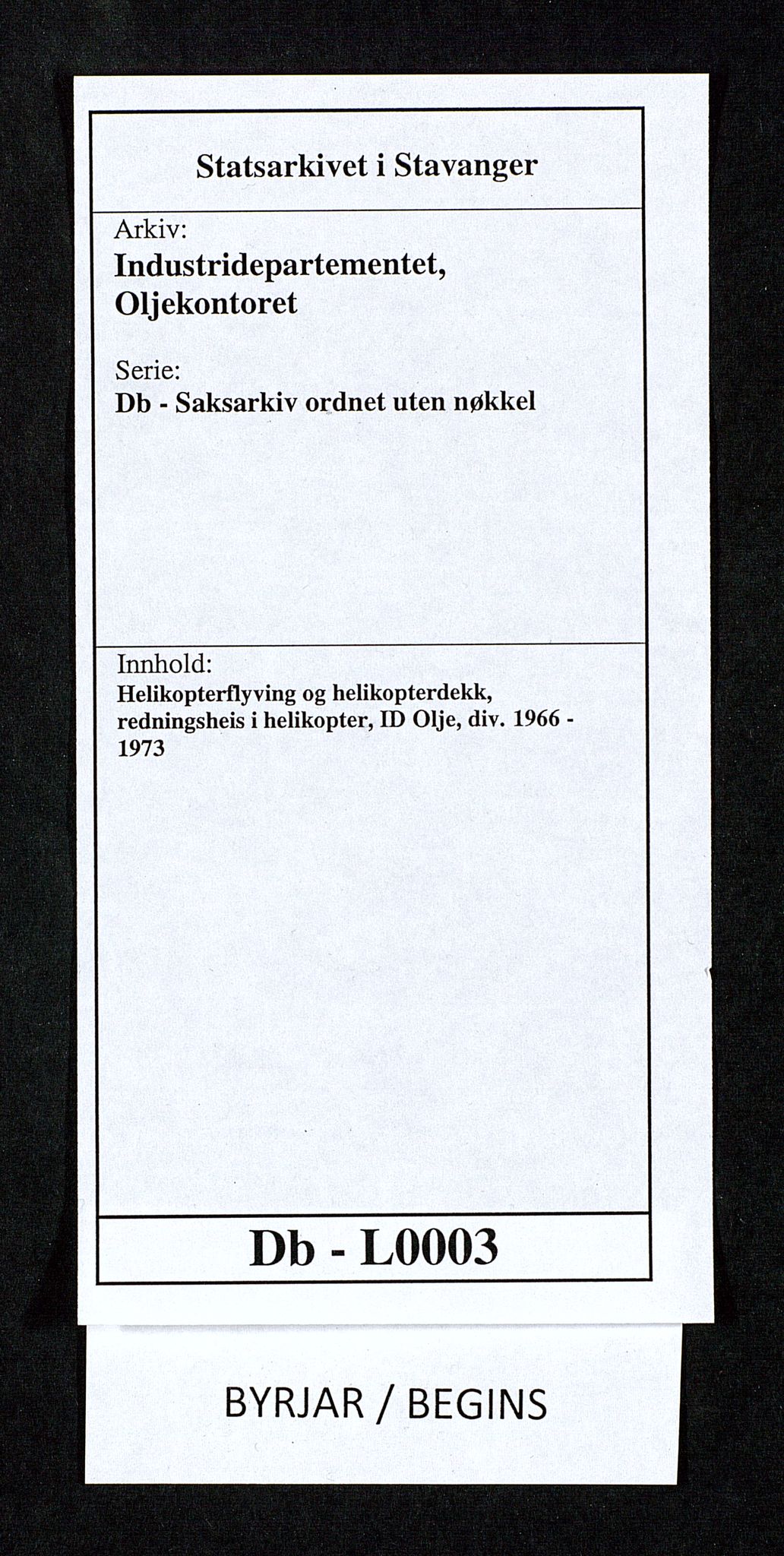 Industridepartementet, Oljekontoret, SAST/A-101348/Db/L0003: Helikopterflyving og helikopterdekk, redningsheis i helikopter, ID Olje, div., 1966-1973, p. 1
