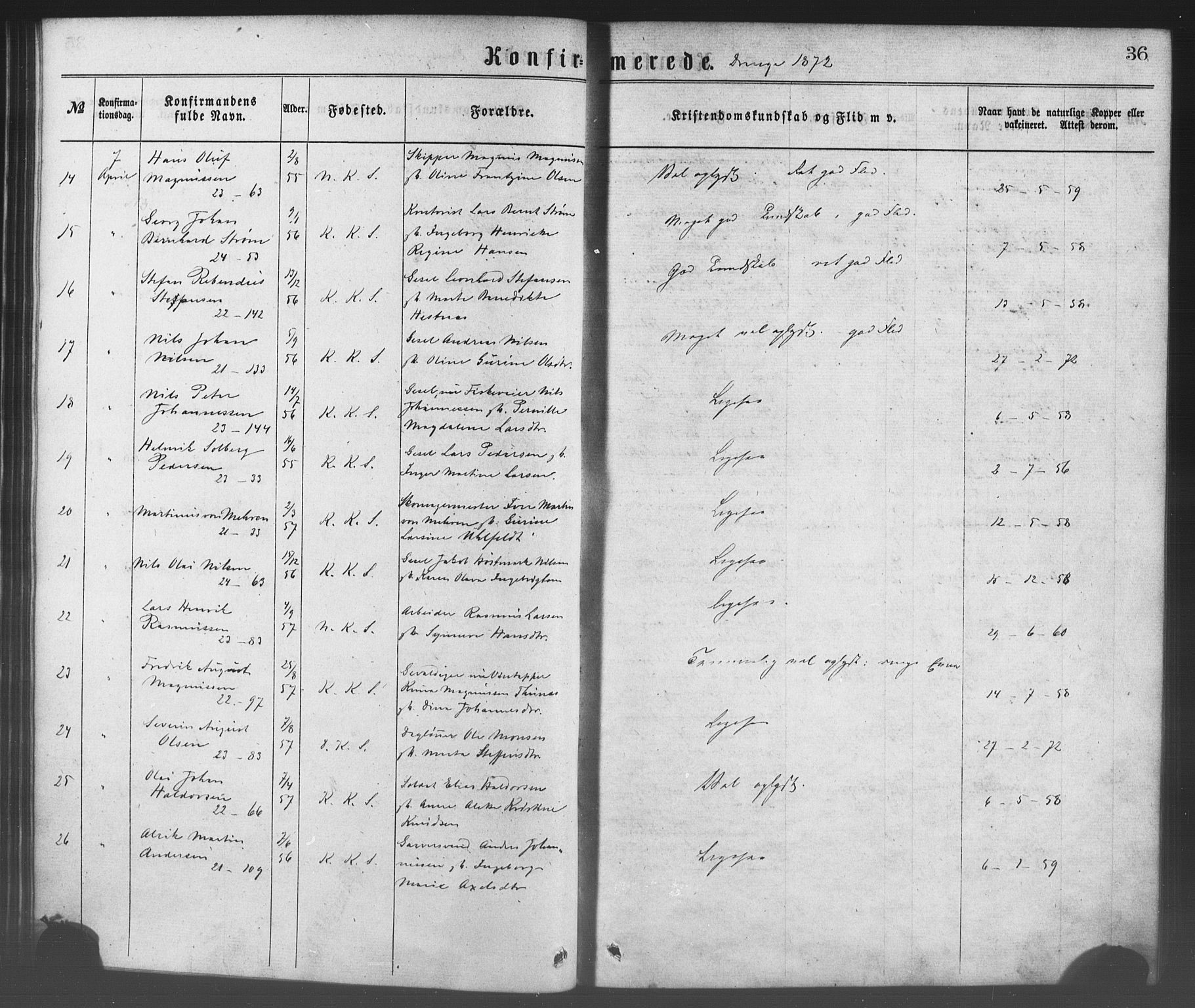 Korskirken sokneprestembete, SAB/A-76101/H/Haa/L0028: Parish register (official) no. C 4, 1868-1879, p. 36