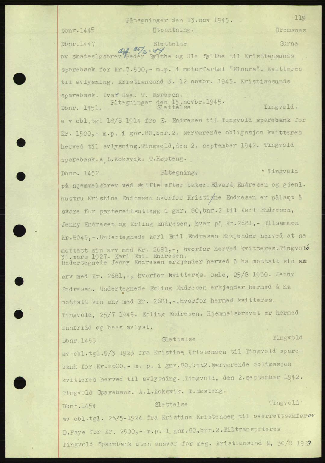 Nordmøre sorenskriveri, AV/SAT-A-4132/1/2/2Ca: Mortgage book no. C82a, 1945-1946, Diary no: : 1445/1945