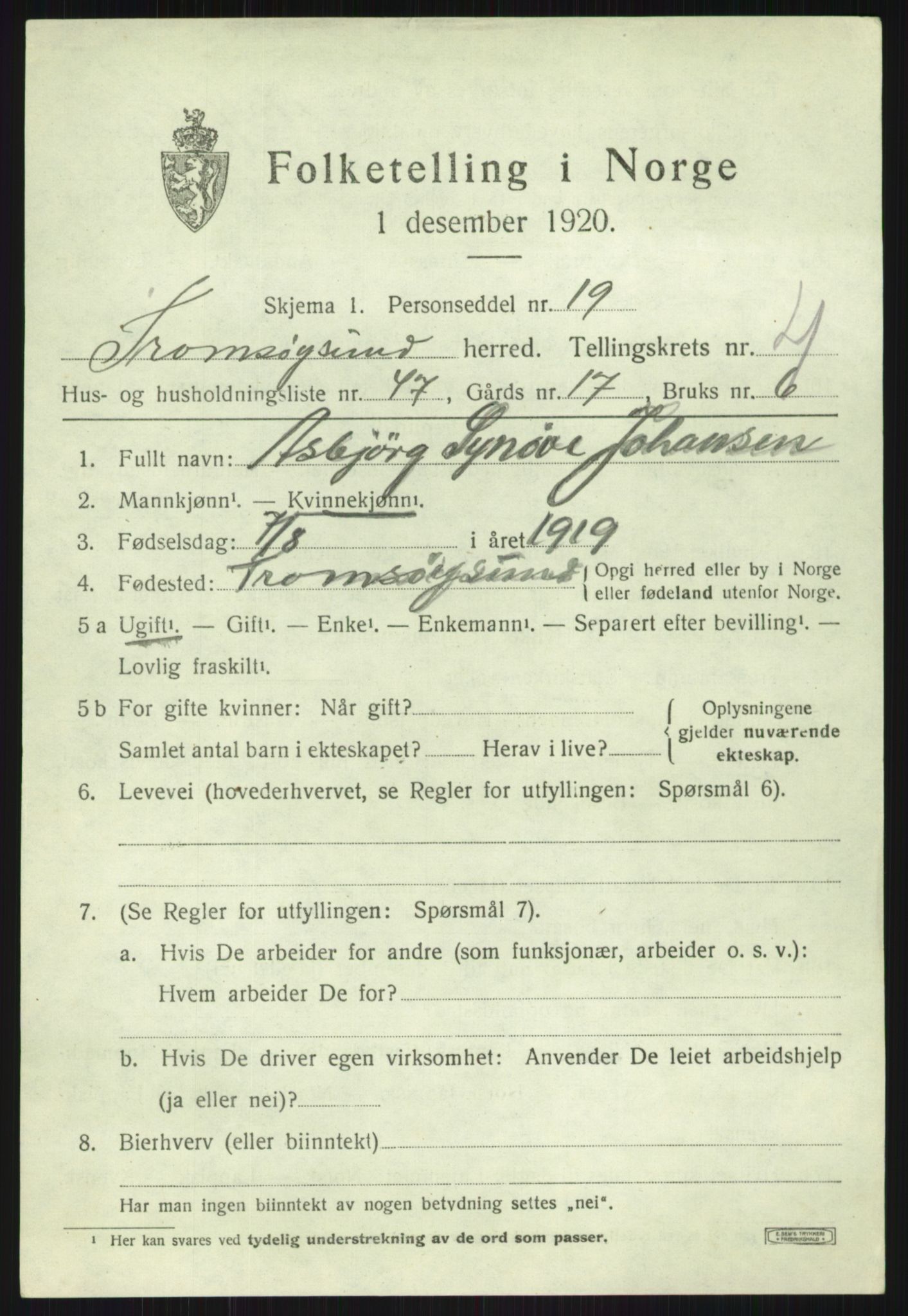 SATØ, 1920 census for Tromsøysund, 1920, p. 3840