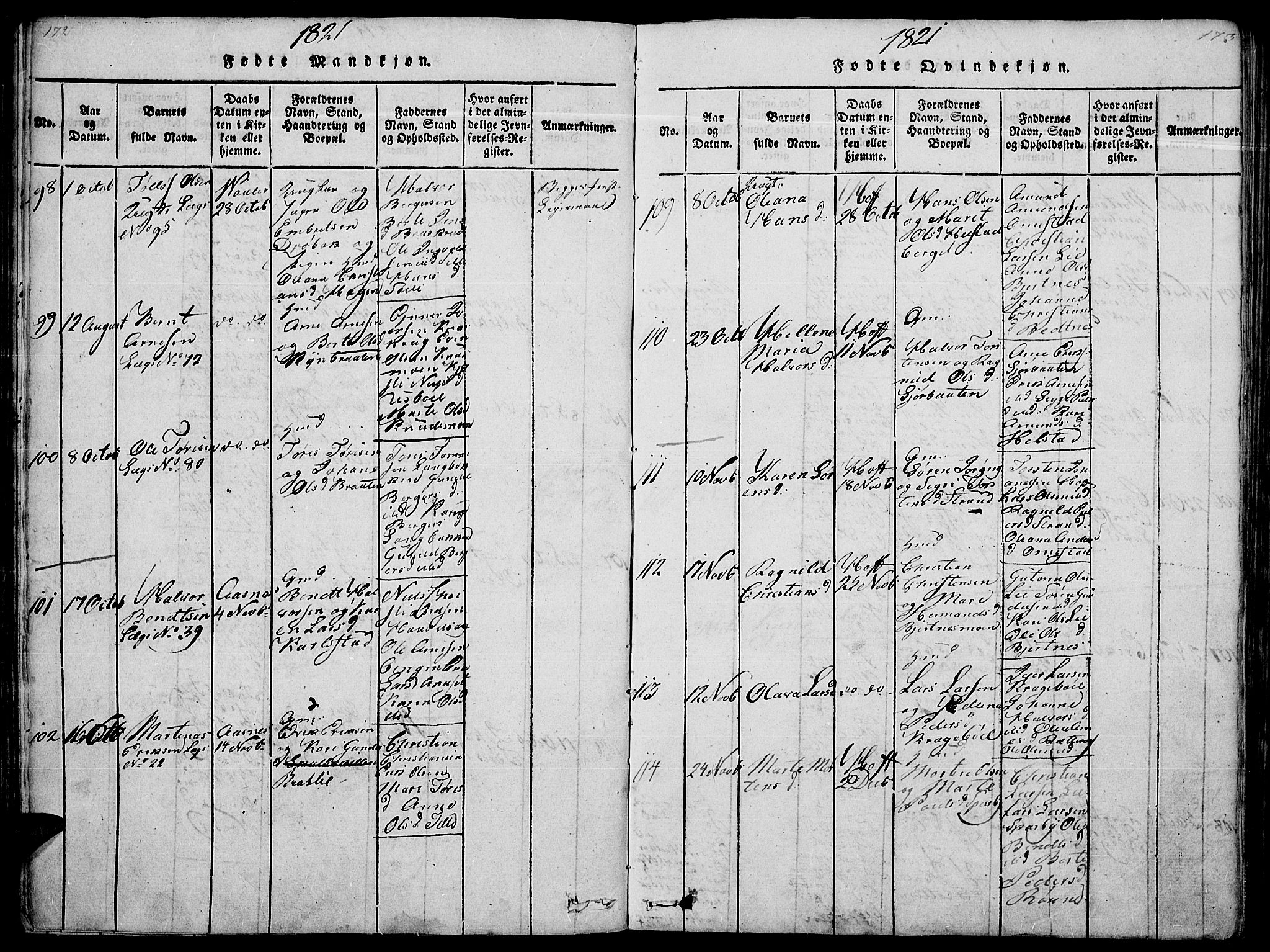 Hof prestekontor, SAH/PREST-038/H/Ha/Haa/L0005: Parish register (official) no. 5, 1816-1822, p. 172-173