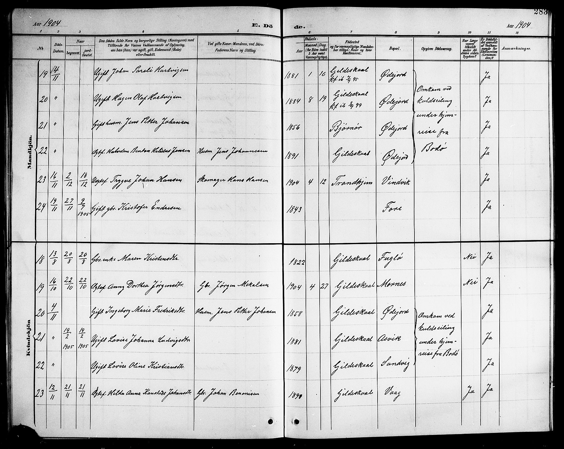 Ministerialprotokoller, klokkerbøker og fødselsregistre - Nordland, AV/SAT-A-1459/805/L0109: Parish register (copy) no. 805C05, 1900-1911, p. 283